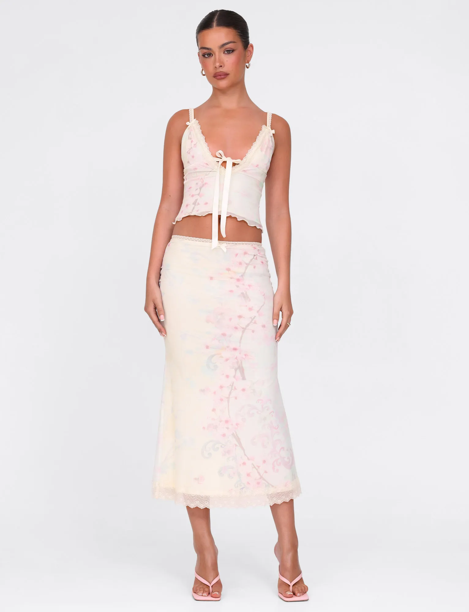 Ventilated Slits LONIE MIDI SKIRT - NEUTRAL : FLORAL : WASHED CHERRY BLOSSOM