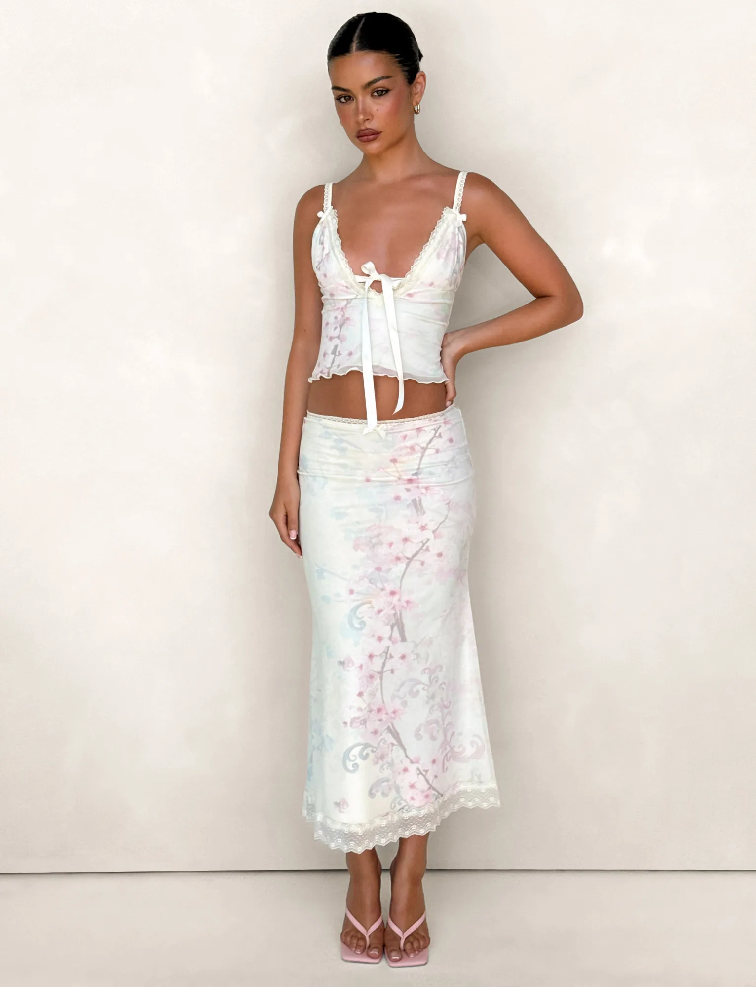 Non Restrictive Fit Monochrome Outfit LONIE MIDI SKIRT - NEUTRAL : FLORAL : WASHED CHERRY BLOSSOM