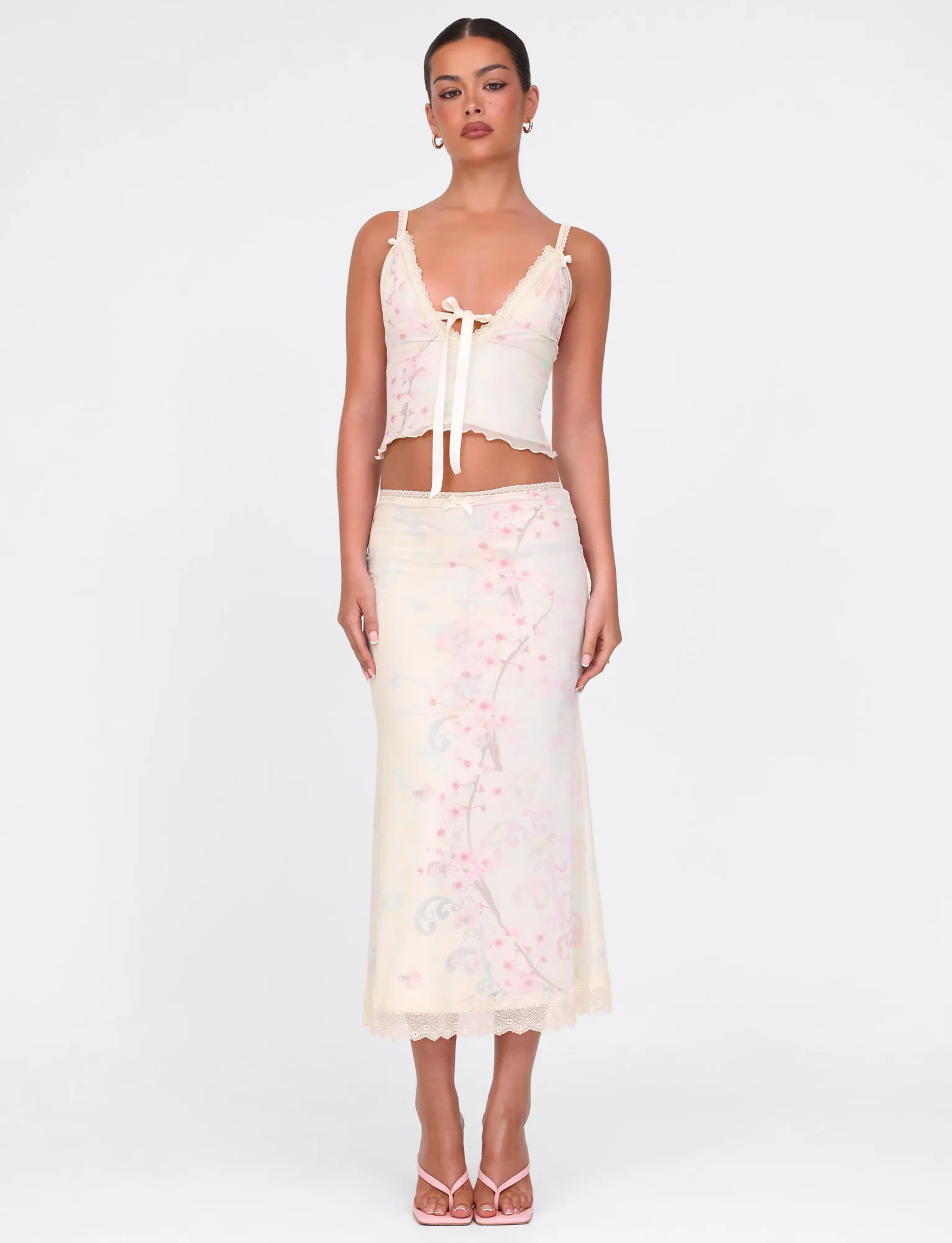 LONIE MIDI SKIRT - NEUTRAL : FLORAL : WASHED CHERRY BLOSSOM Smart Comfort Day To Night
