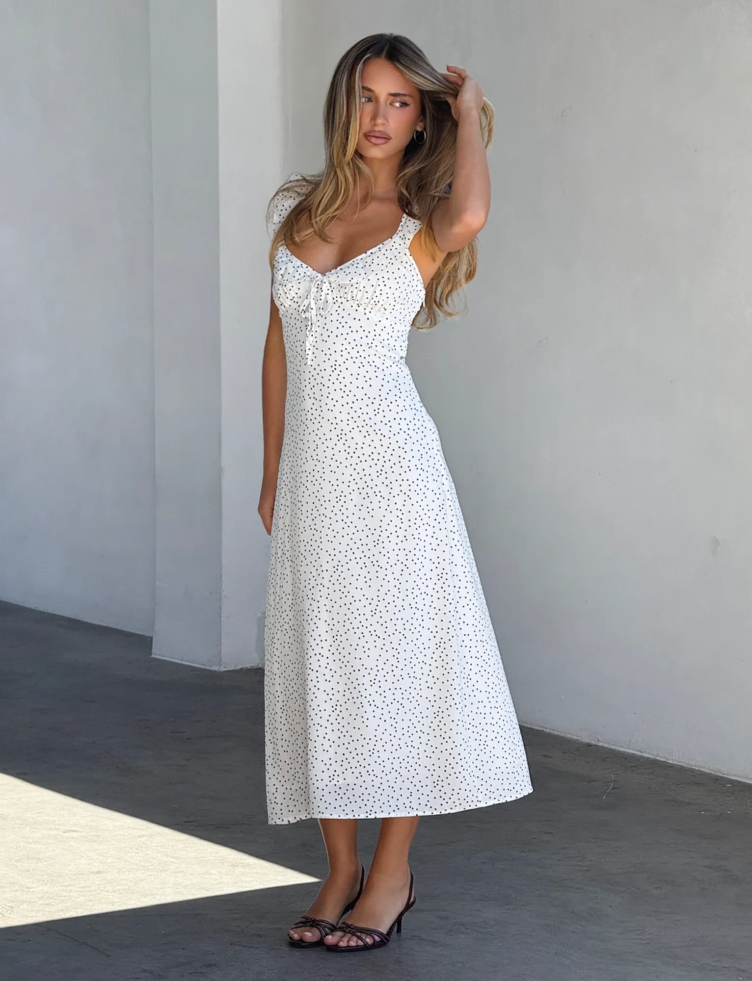 LOTTIE RUFFLE MIDI DRESS - WHITE POLKA Linen Chic Easy Lovely