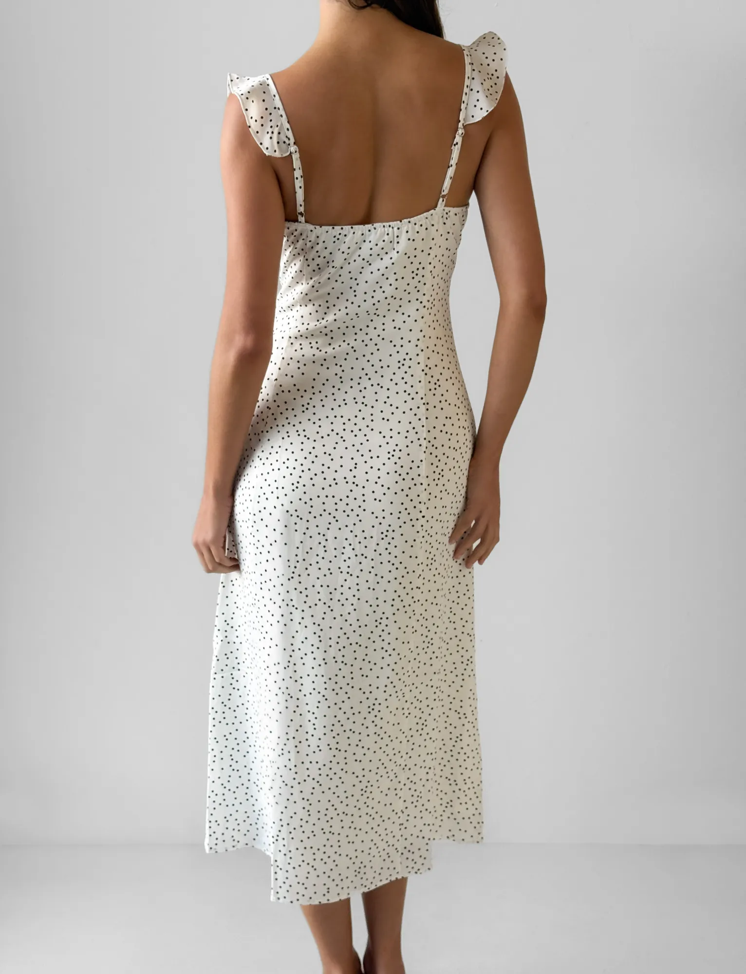 LOTTIE RUFFLE MIDI DRESS - WHITE POLKA Satin Glow Grace Flow