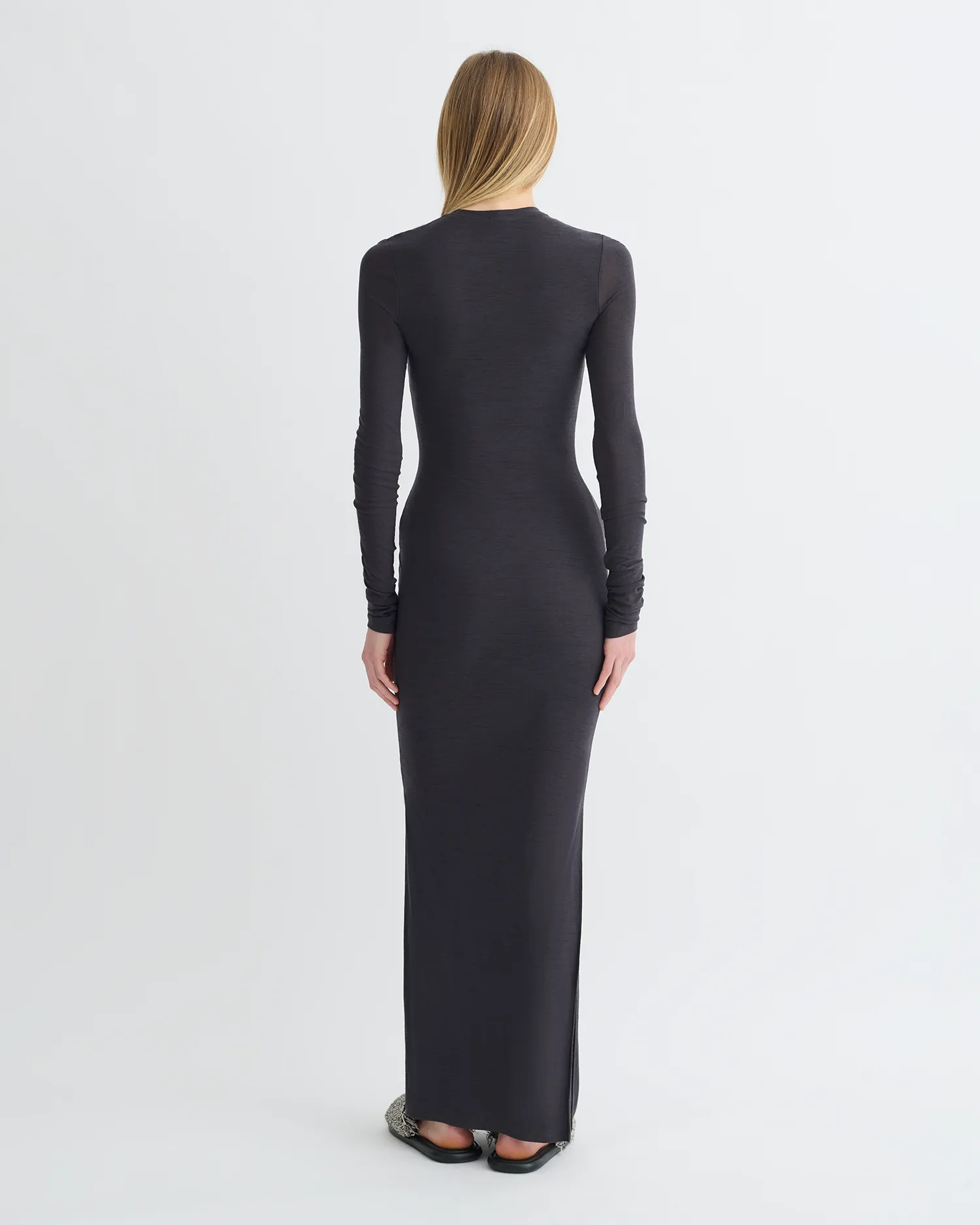 Linora - Draped Wool Jersey Midi Dress - Grey Double Stitched Hems TwoToneEffect