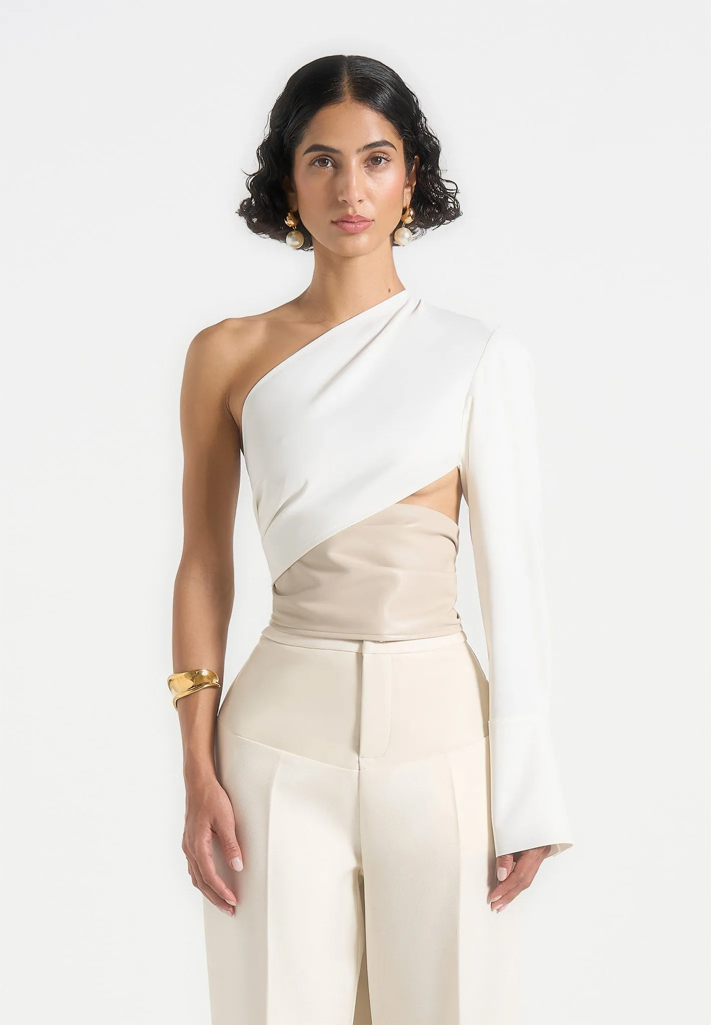 Coralie - One Sleeve Leather Wrap Top - White Cozy Comfort Look
