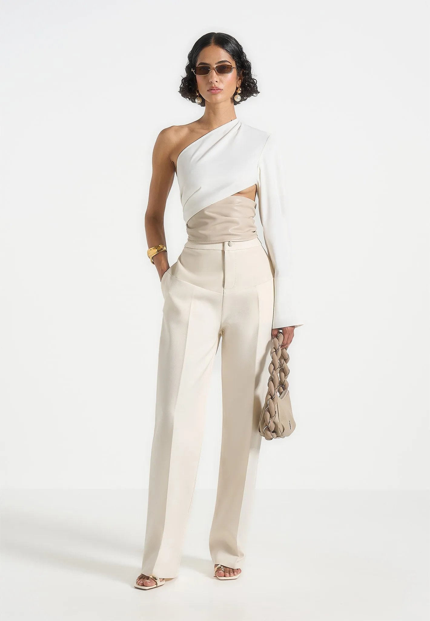 Ultra Soft Blended Textile Quick Release Hem Coralie - One Sleeve Leather Wrap Top - White