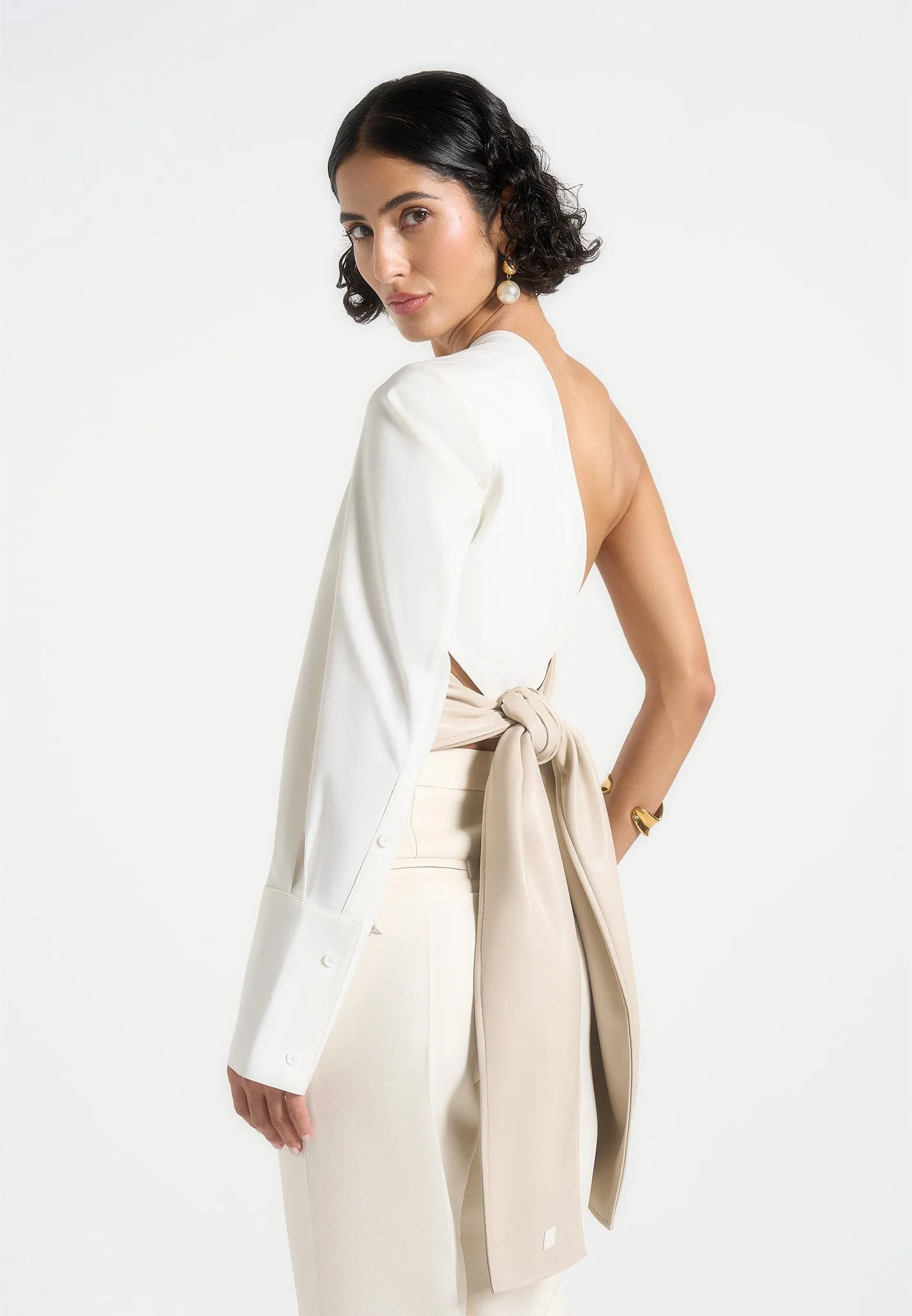 Wool combination Seamless construction Coralie - One Sleeve Leather Wrap Top - White