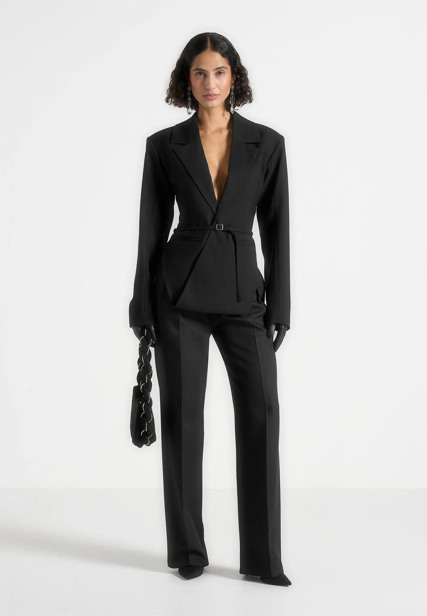 Yuna - Plunge Tailored Blazer With Belt - Black Fashionable Office Wear Flattering Design Wear