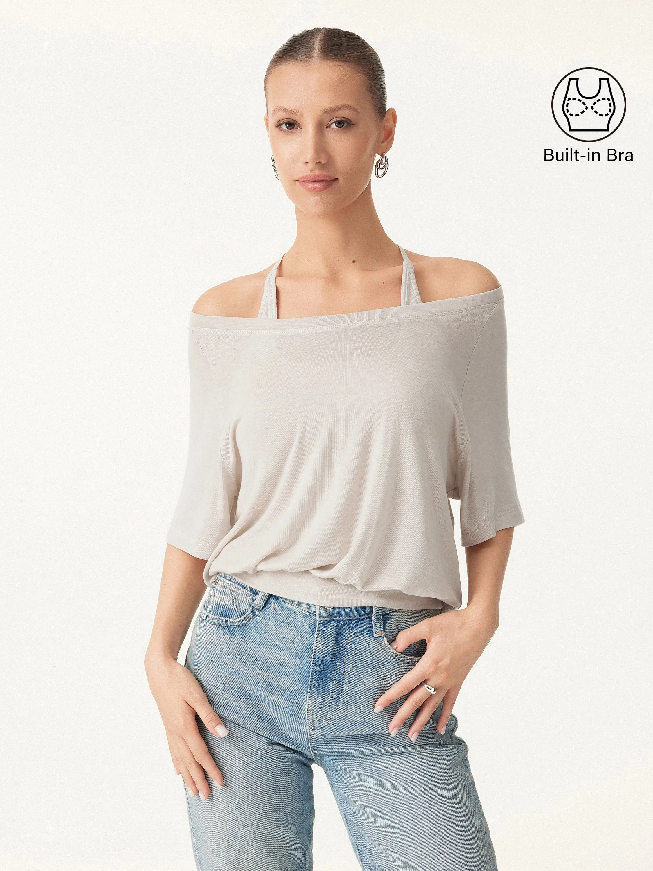 Reinforced Neckline Detail Lyocell Wool Boatneck 2-in-1 Brami Top