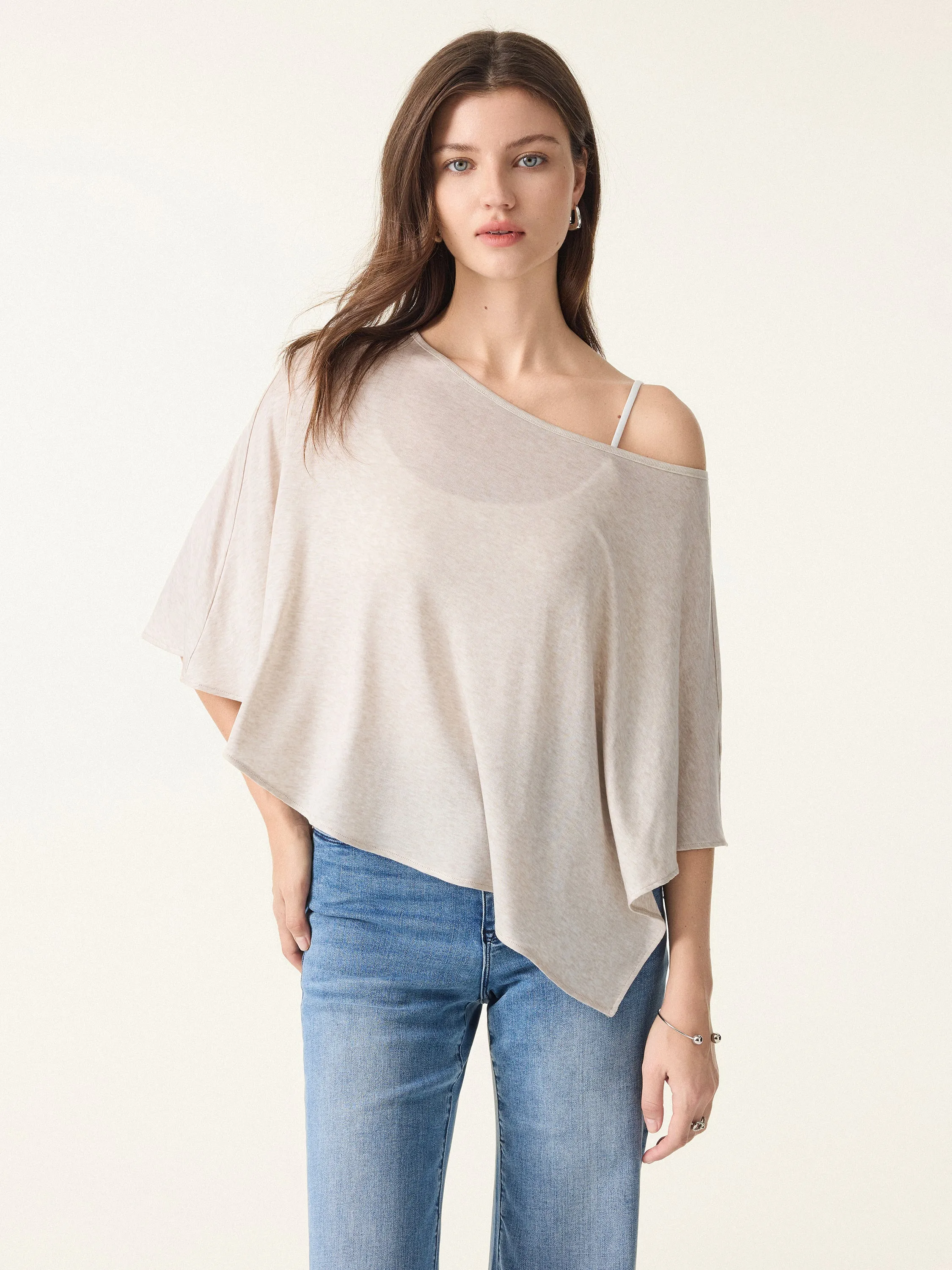 Tagless Neckline Seamless Knit Design Lyocell Wool Semi-Sheer Cape Top