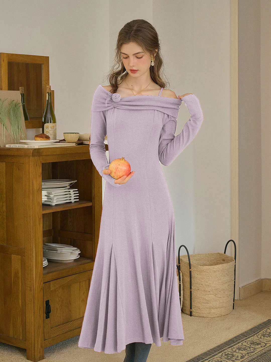 Lucille Elegant Off-Shoulder Rose Mid Dress (with Ribbon)-Purple Chill Mode Texture Blend