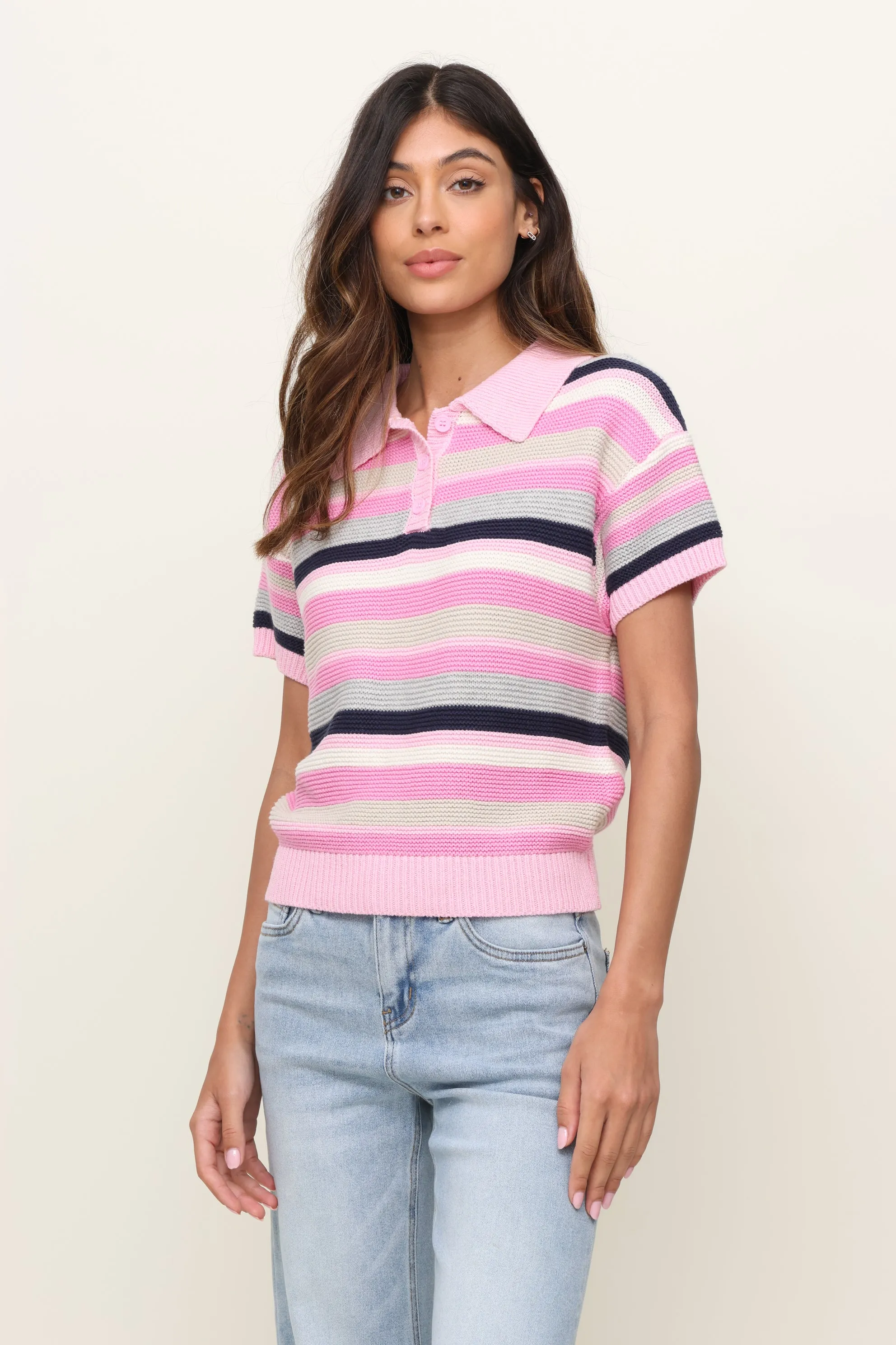Layered Neckline Bonded Seam Construction Mallory Stripe Polo