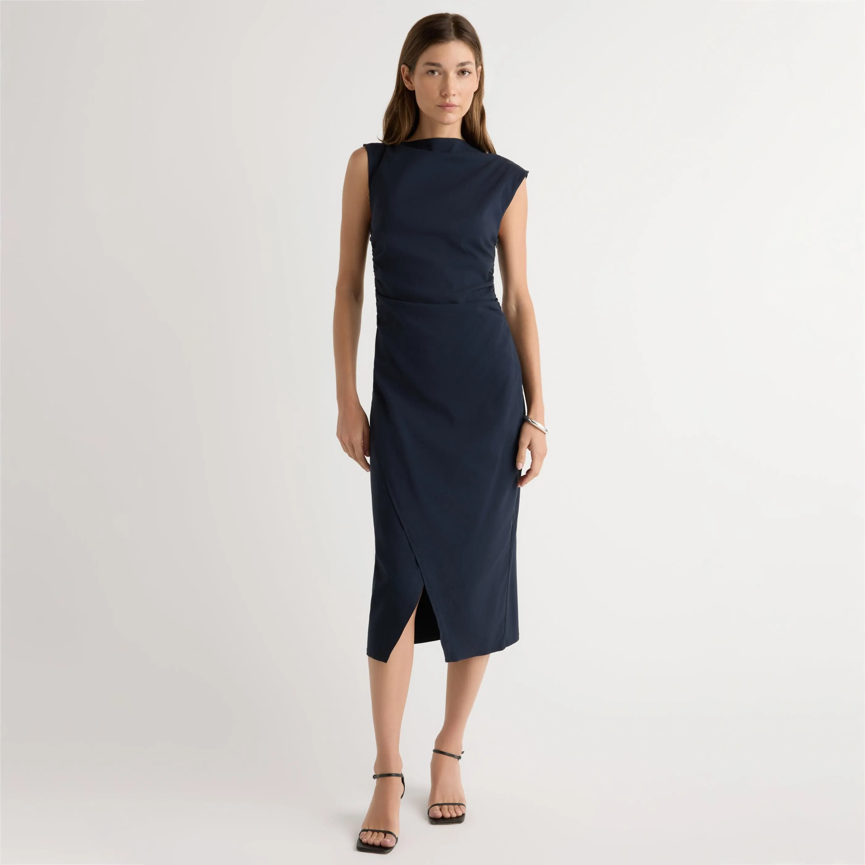 Manon Asymmetric-Neck Ruched Dress Flowing Lines