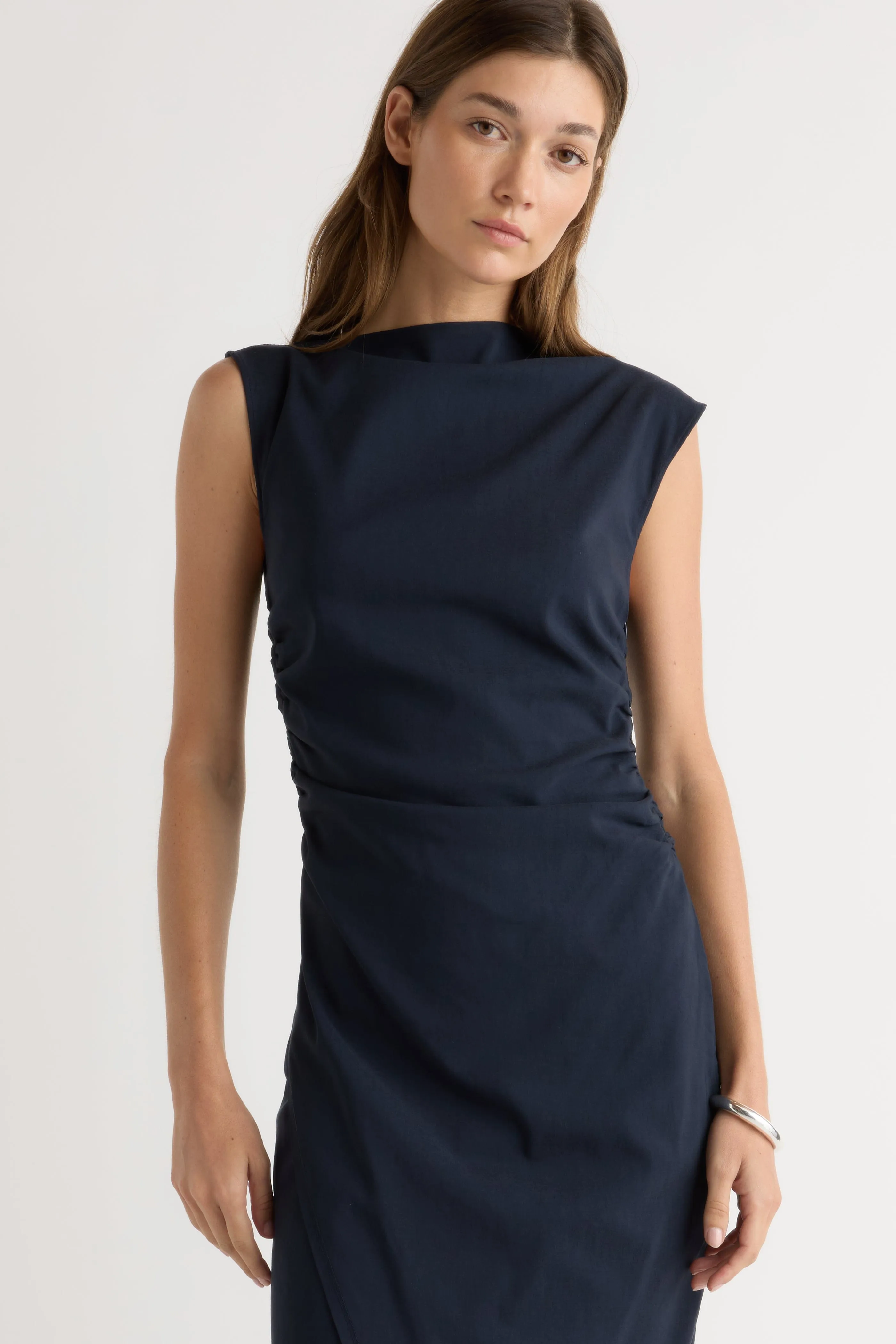 Textured Look Manon Asymmetric-Neck Ruched Dress