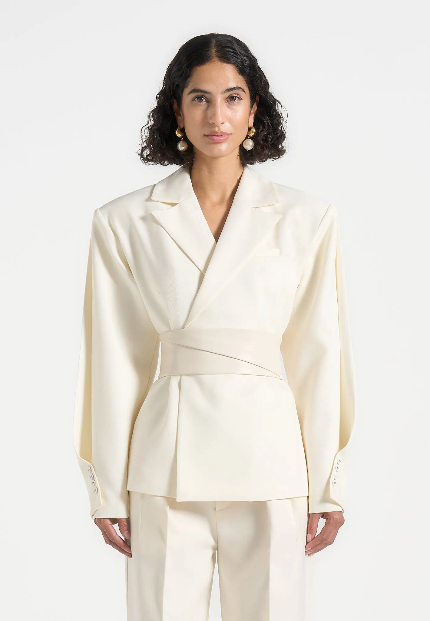 Versatile Design Trendy Wear Marie - Twist Sleeve Tailored Blazer with Belt - Cream
