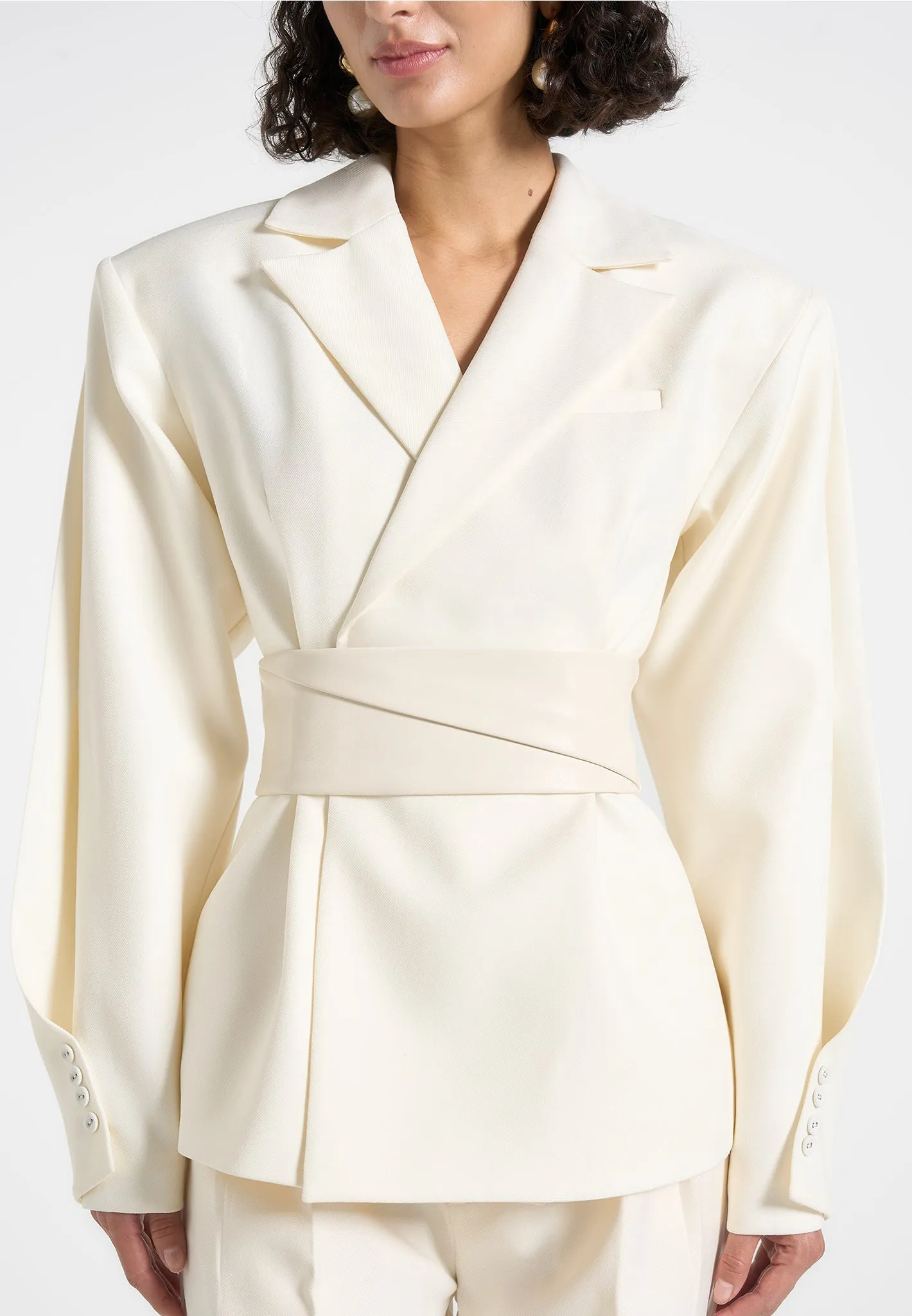 Marie - Twist Sleeve Tailored Blazer with Belt - Cream Luxury Design Premium Layer