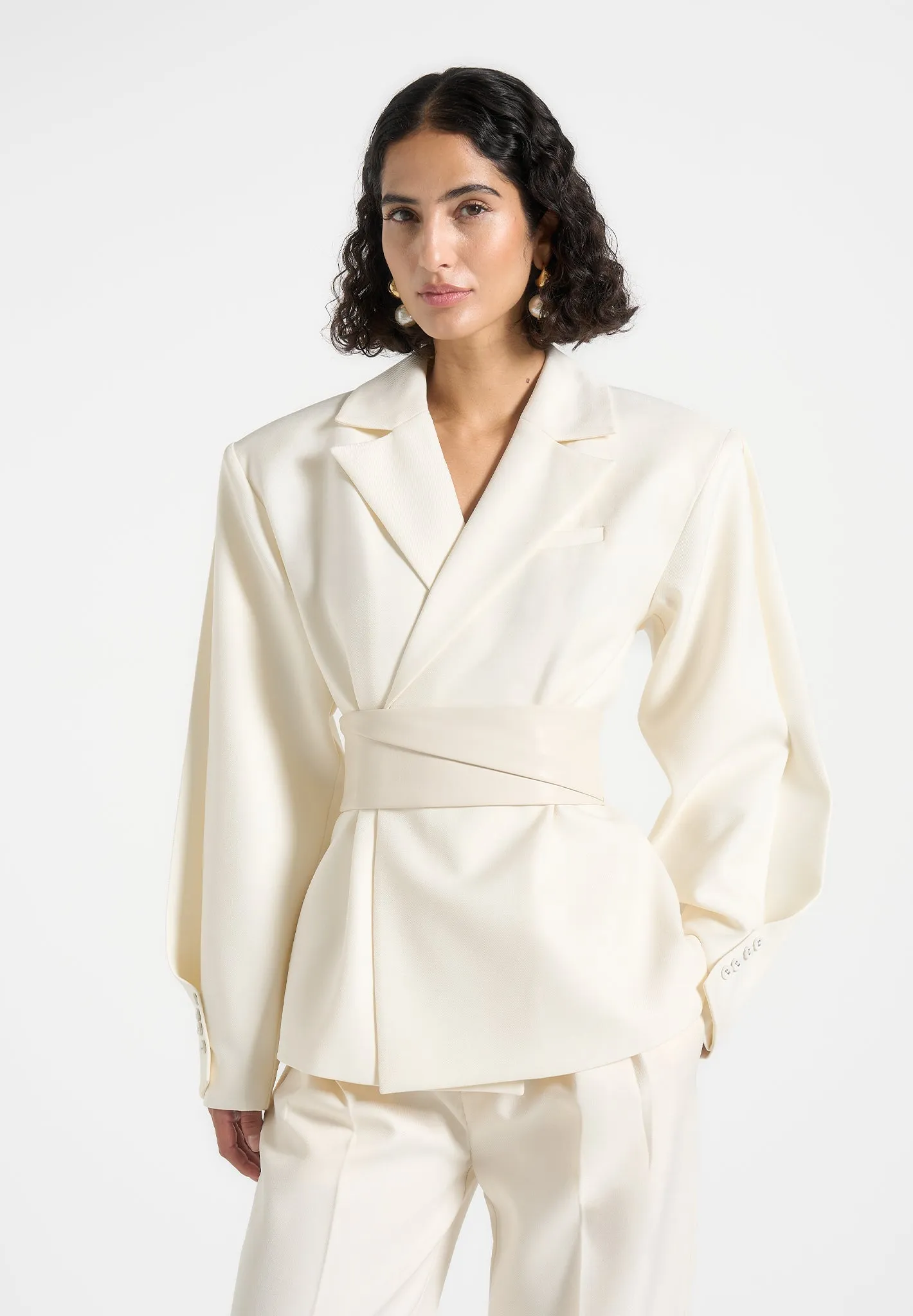 Odor Control Fibers Flattering Layer Marie - Twist Sleeve Tailored Blazer with Belt - Cream
