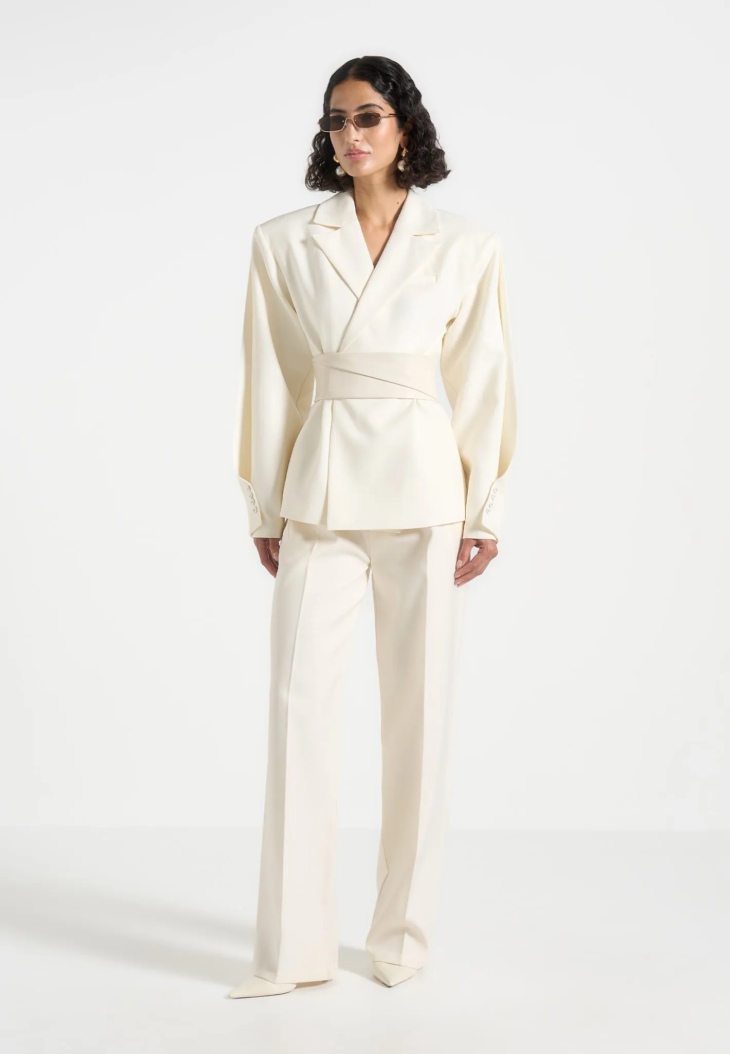 Sleek and Polished Versatile Look Marie - Twist Sleeve Tailored Blazer with Belt - Cream