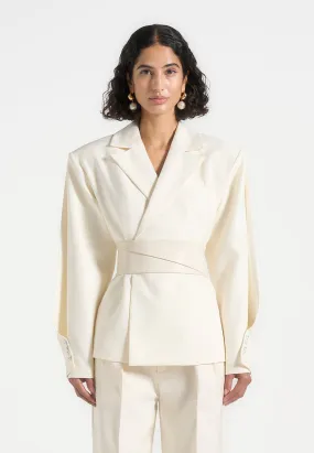 Non Restrictive Cut Marie - Twist Sleeve Tailored Blazer with Belt - Cream