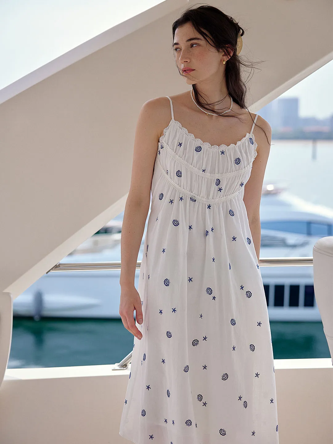 Vibrant Movement Marina Shell Embroidered Cotton Slip Dress