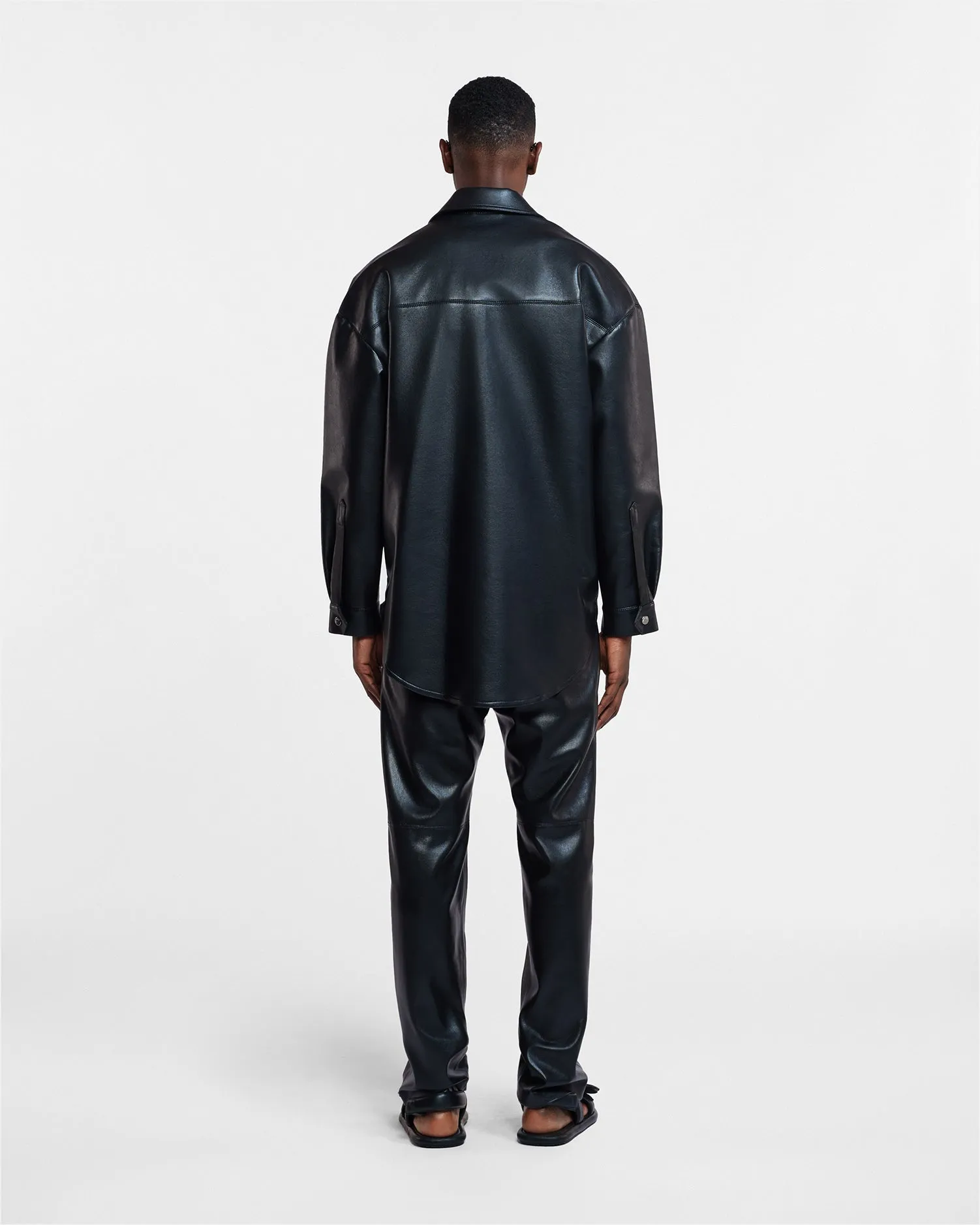 Martin - Regenerated Leather Overshirt - Black Convertible Neckline Sandwich Mesh Panel Structure