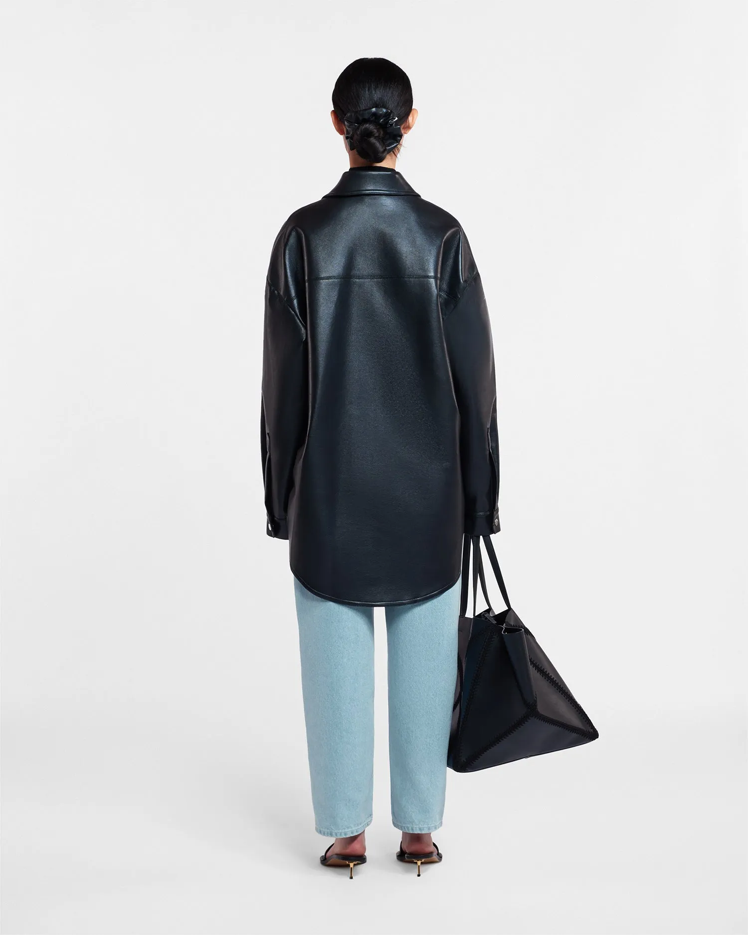 DoubleStitched Construction Wide Shoulder Cut Martin - Regenerated Leather Overshirt - Black