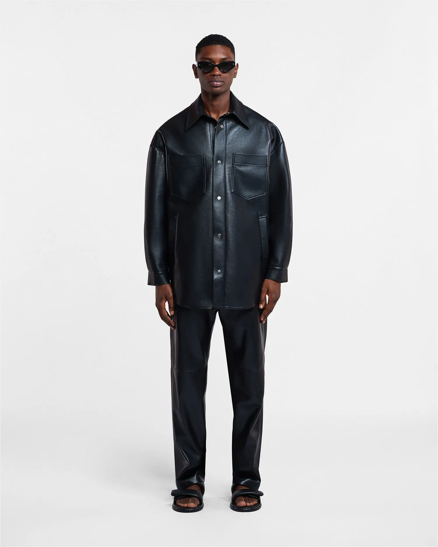 Martin - Regenerated Leather Overshirt - Black cricket pitch Taped Neckline