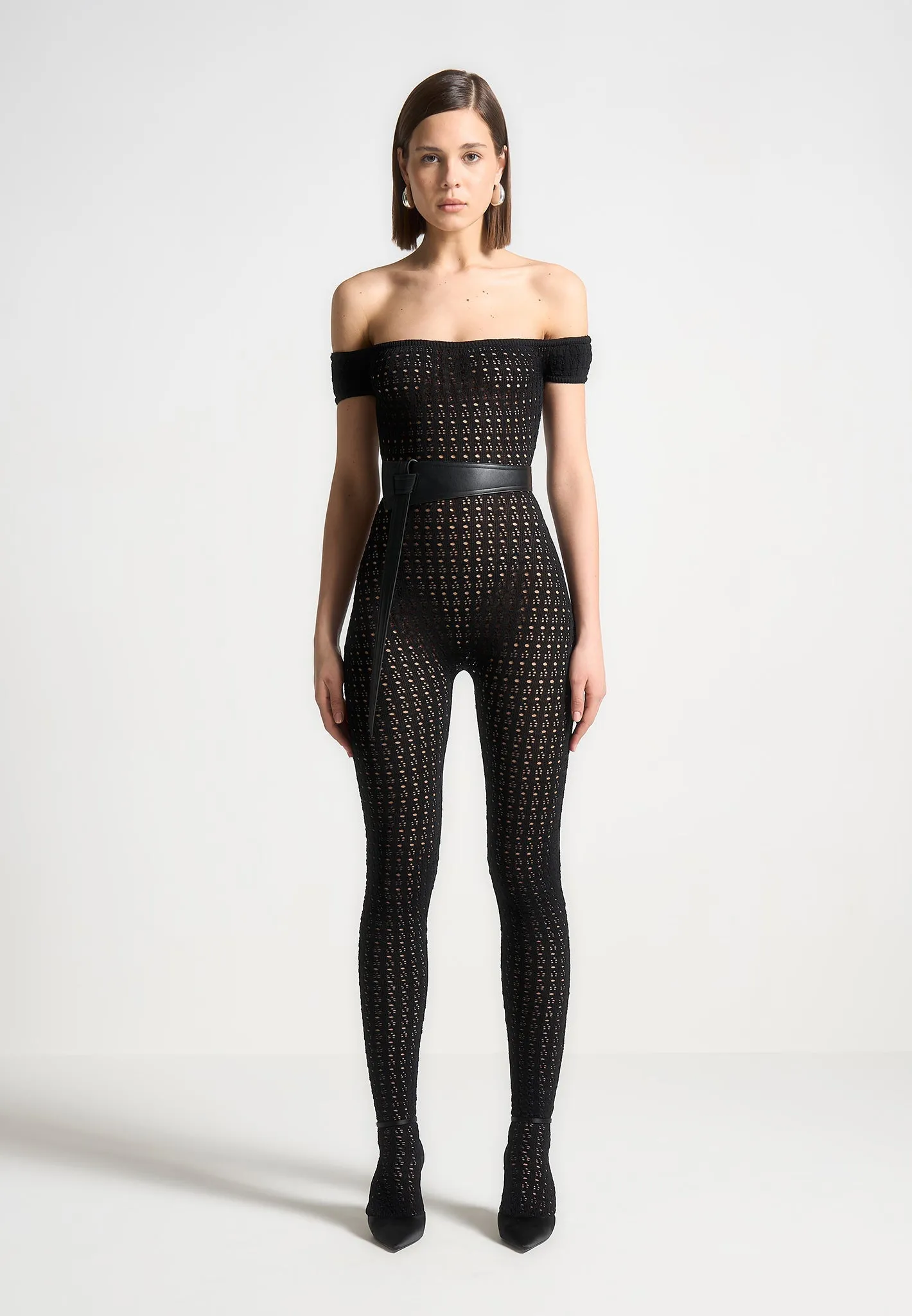 Stretch Knit Fabric Martine - Pointelle Knit Bardot Jumpsuit with Belt - Black