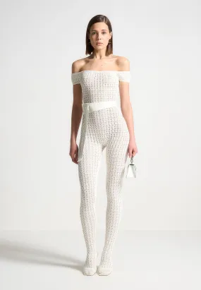 Martine - Pointelle Knit Bardot Jumpsuit with Belt - Cream Soft Texture Self Fabric Tie Closure