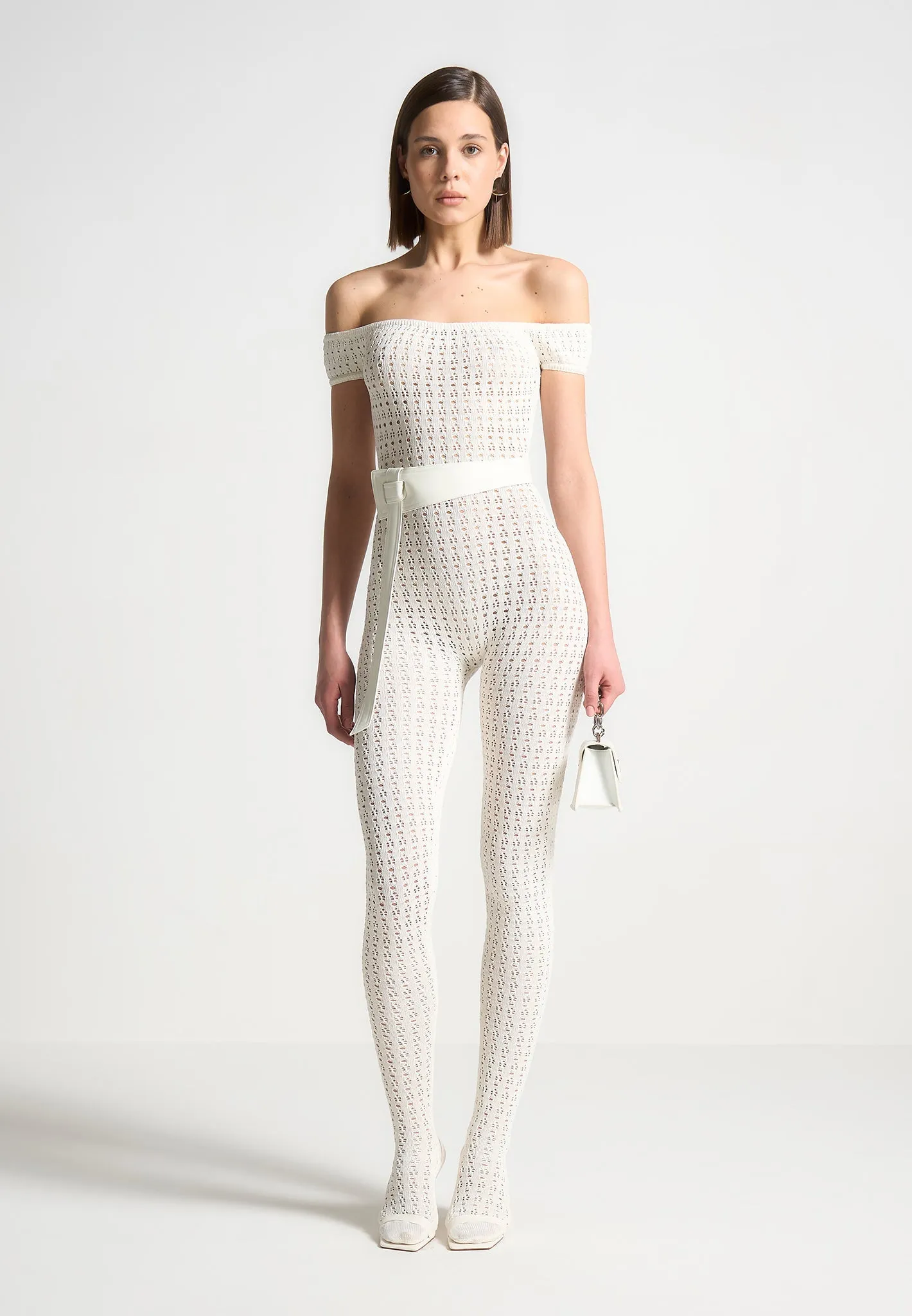 Martine - Pointelle Knit Bardot Jumpsuit with Belt - Cream Soft Texture Self Fabric Tie Closure