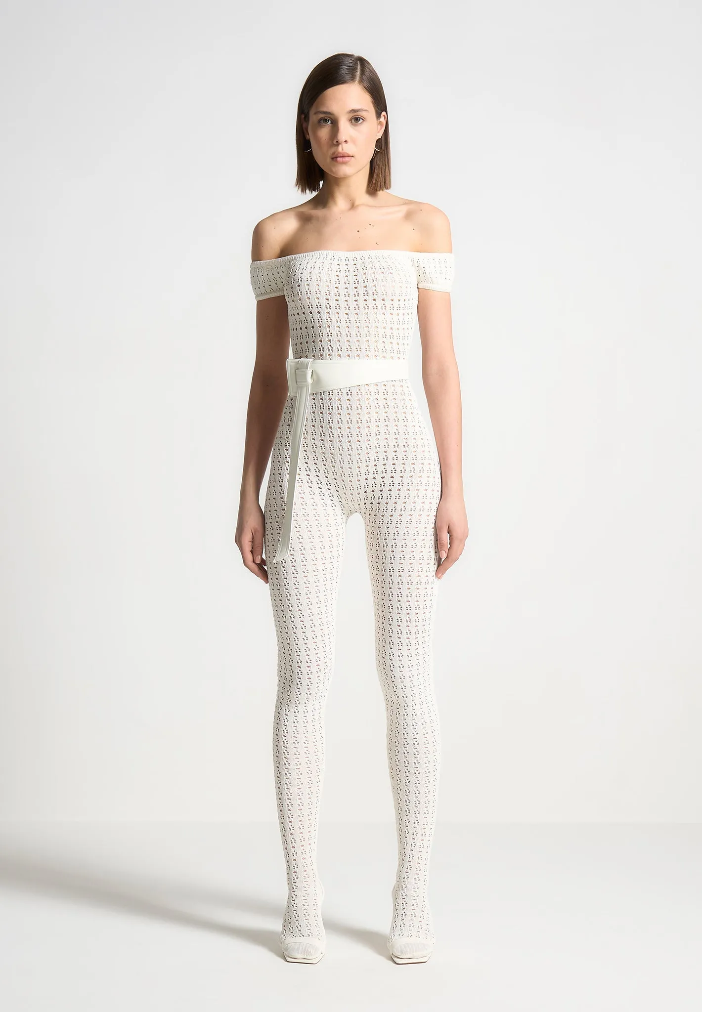 Martine - Pointelle Knit Bardot Jumpsuit with Belt - Cream Wrinkle Resistant Texture