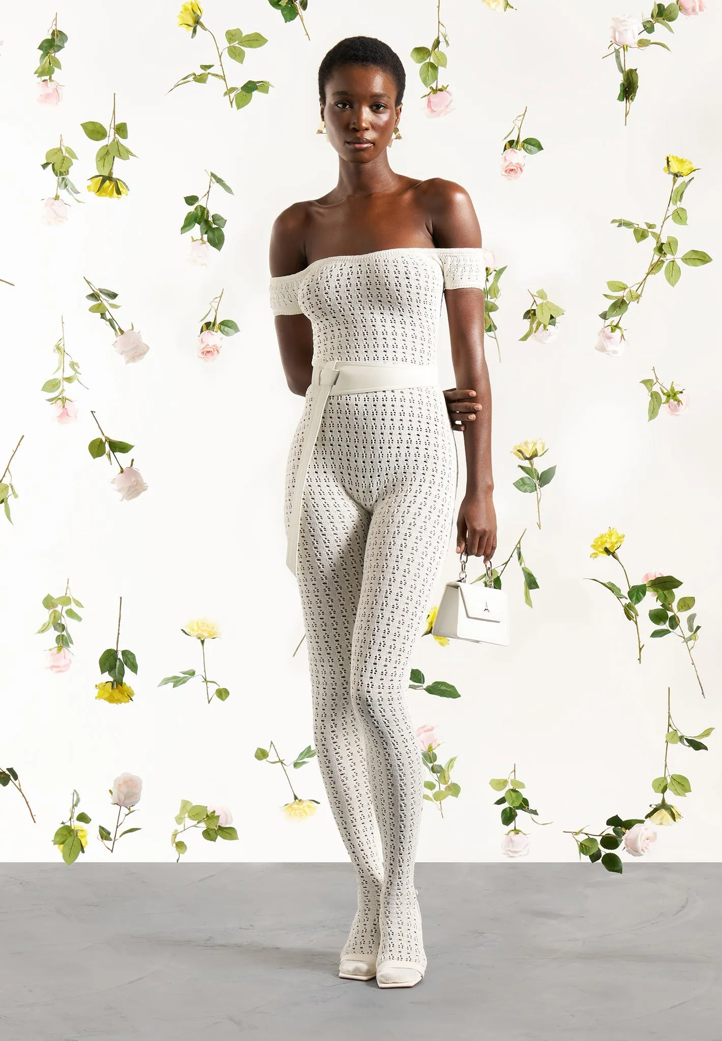 Neutral Tone Palette Martine - Pointelle Knit Bardot Jumpsuit with Belt - Cream