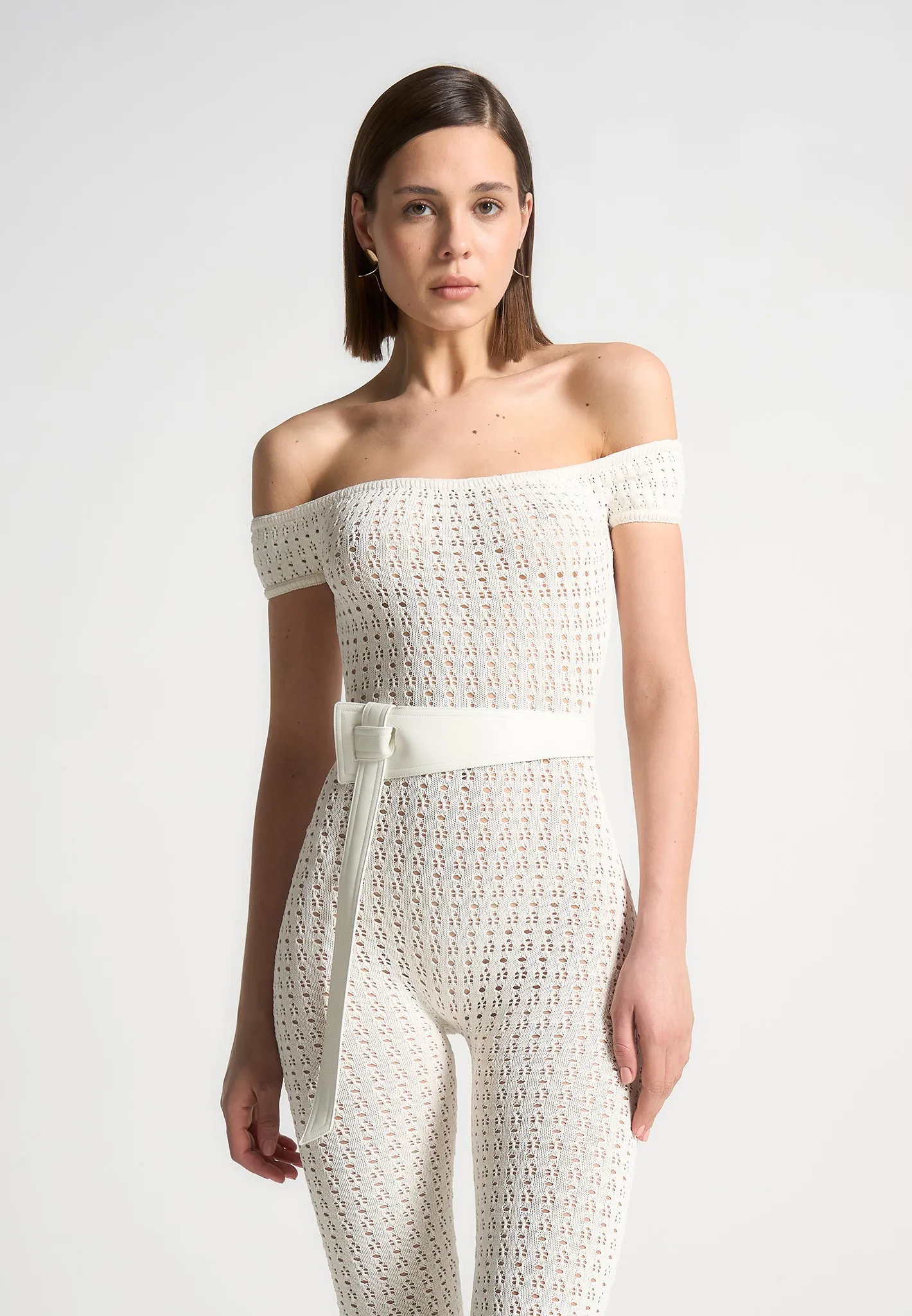 Airflow Mesh Panel Martine - Pointelle Knit Bardot Jumpsuit with Belt - Cream