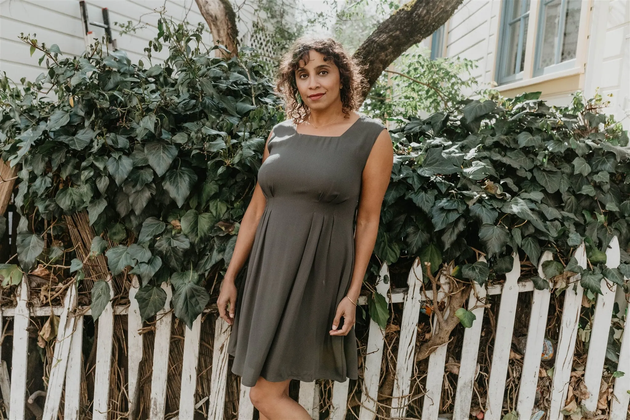 Tailored-fit Pleiades Dress in Olive Crepe