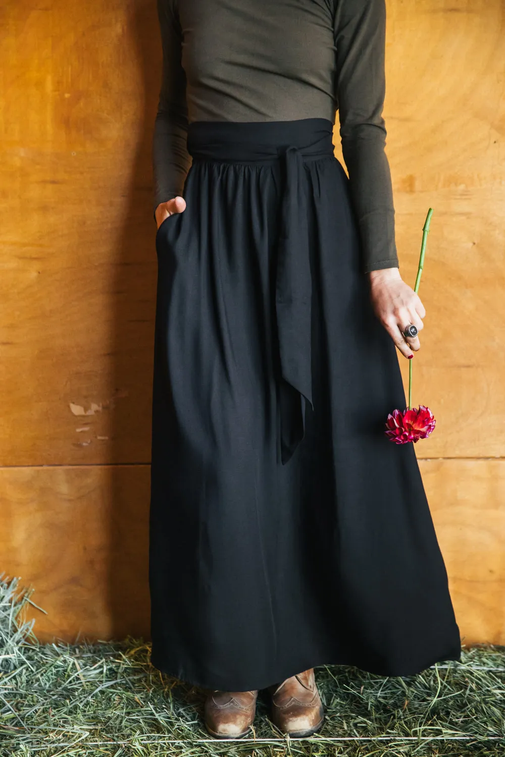 Maxi Wrap Skirt in Black Challis Cozy Warm Layer Curved Hemline