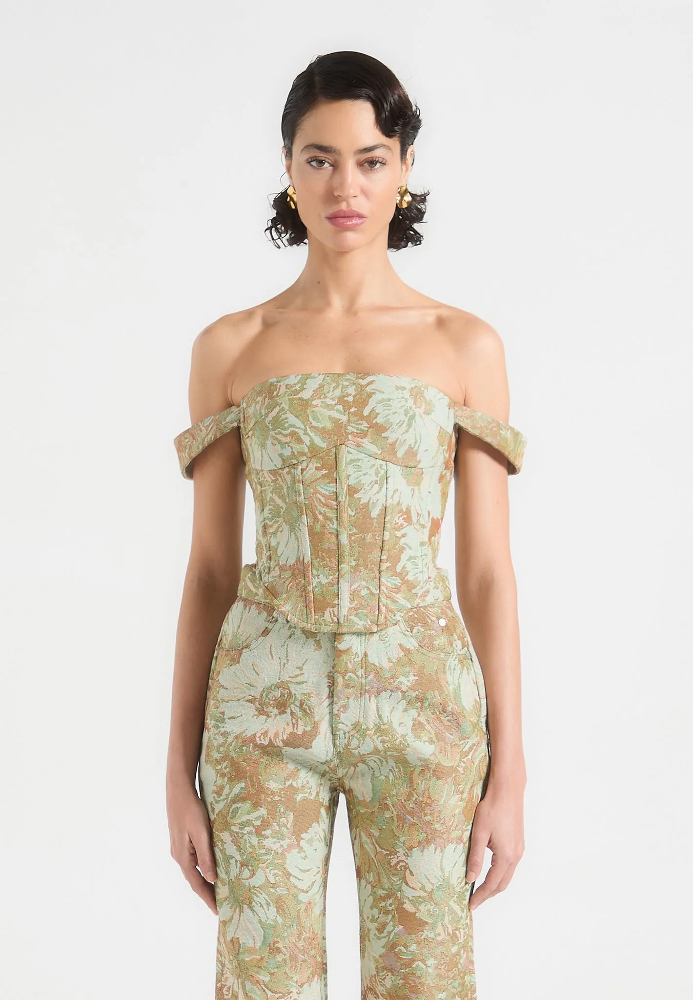 Set In Sleeve Bonnie - Jacquard Bardot Corset Top - Sage