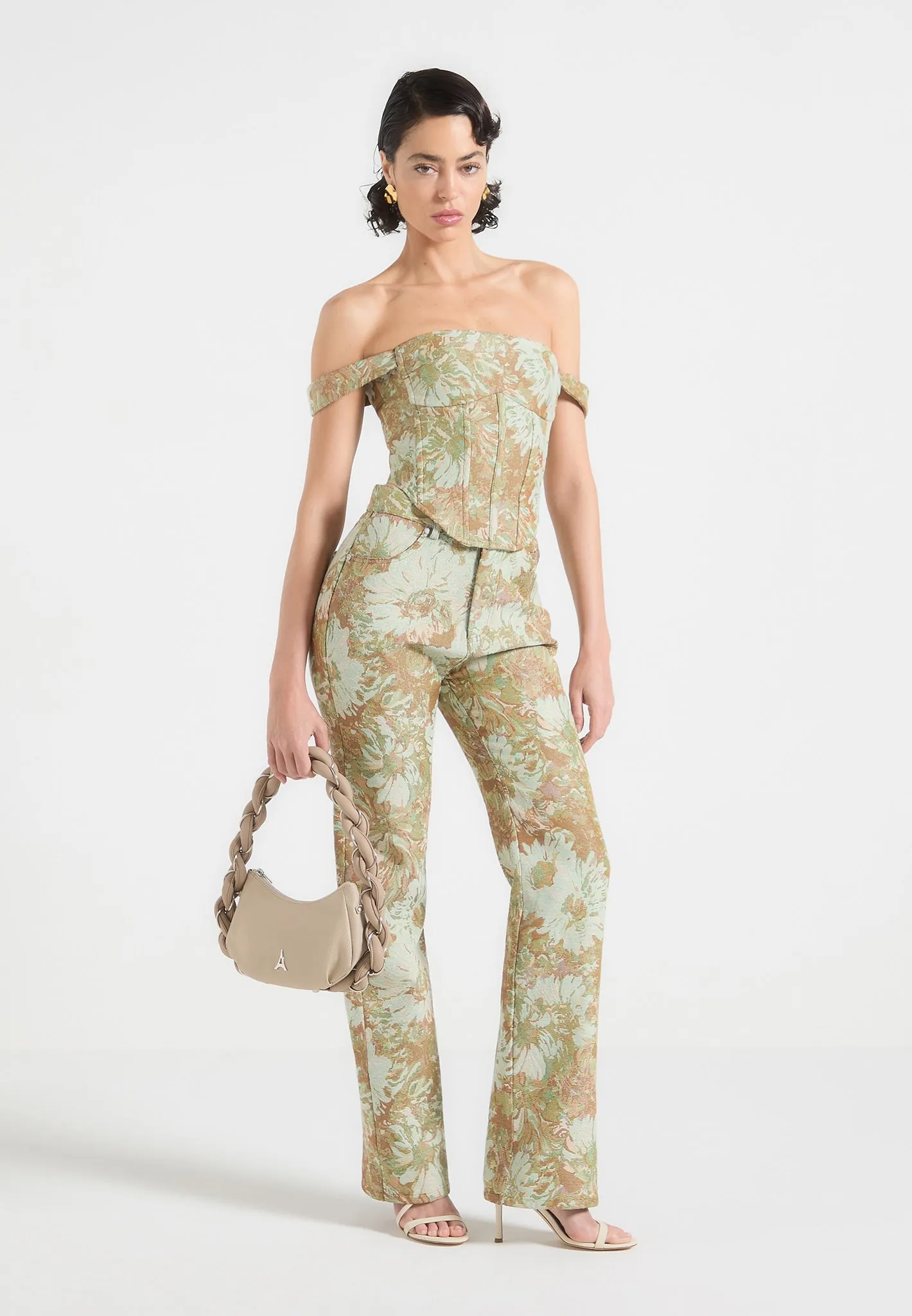 Bonnie - Jacquard Bardot Corset Top - Sage monochromatic Date night