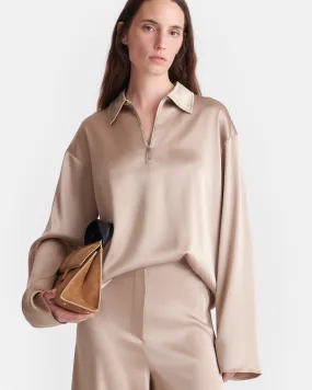 Mencia - Slip Satin Polo-Neck Top - Dune No Ride Up Silicone Grip