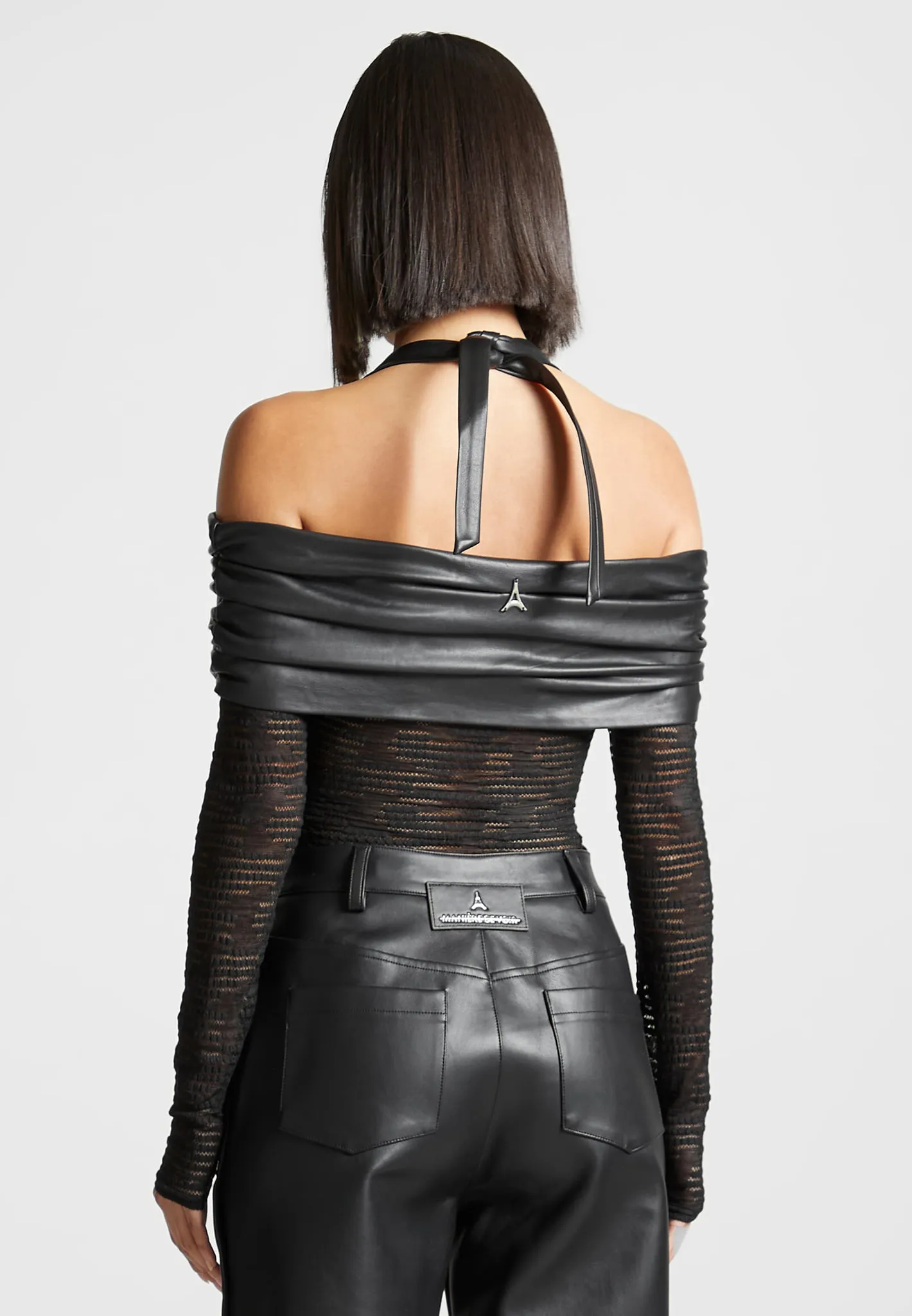 Yoga flexibility Relaxed Outfit Mesh and Leather Bardot Bodysuit - Black