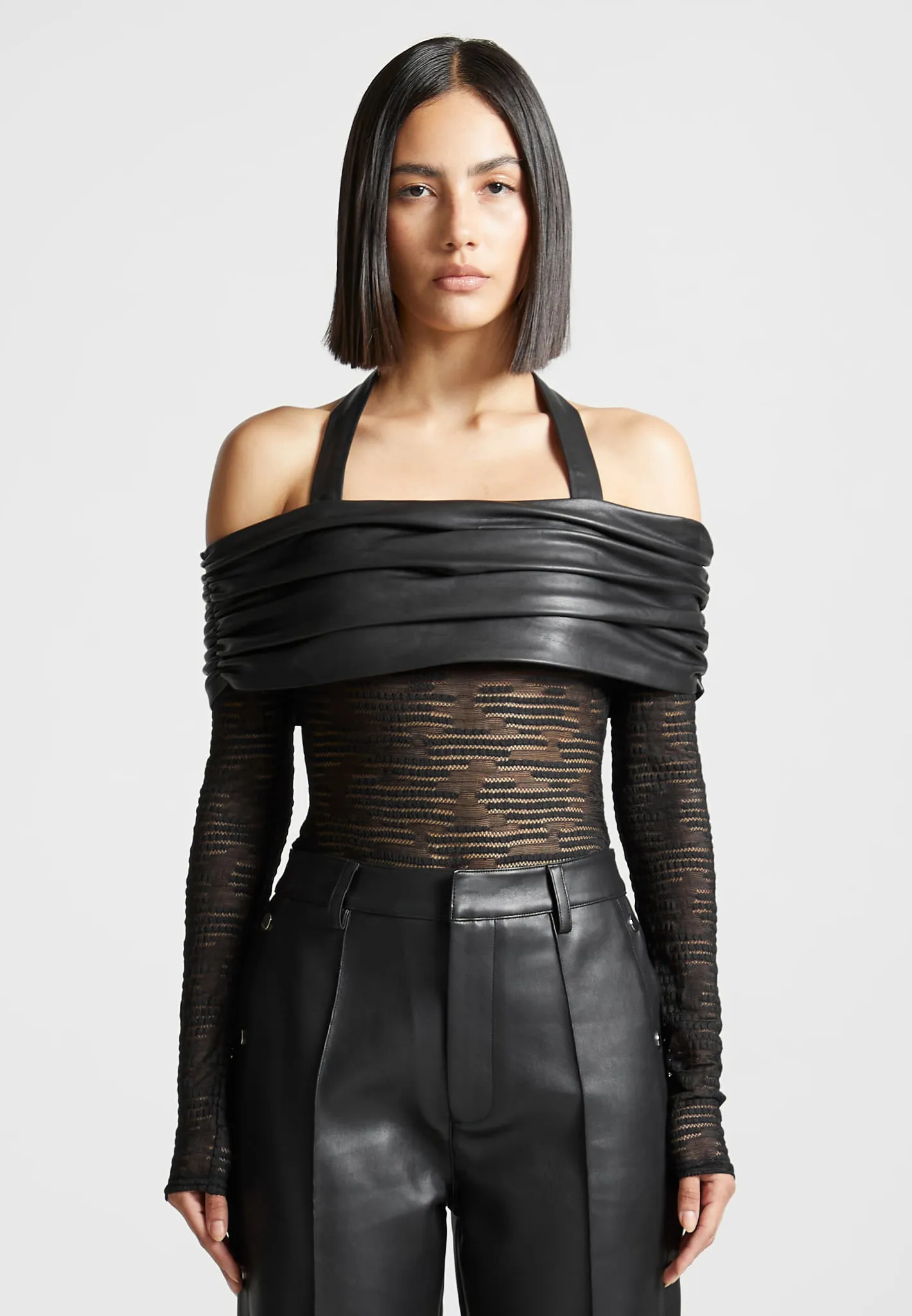 Mesh and Leather Bardot Bodysuit - Black Versatile Outfit hypoallergenic
