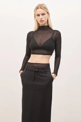 Tapered Cut Sun Protective Fabric Mesh Long Sleeve Cropped Top - Black