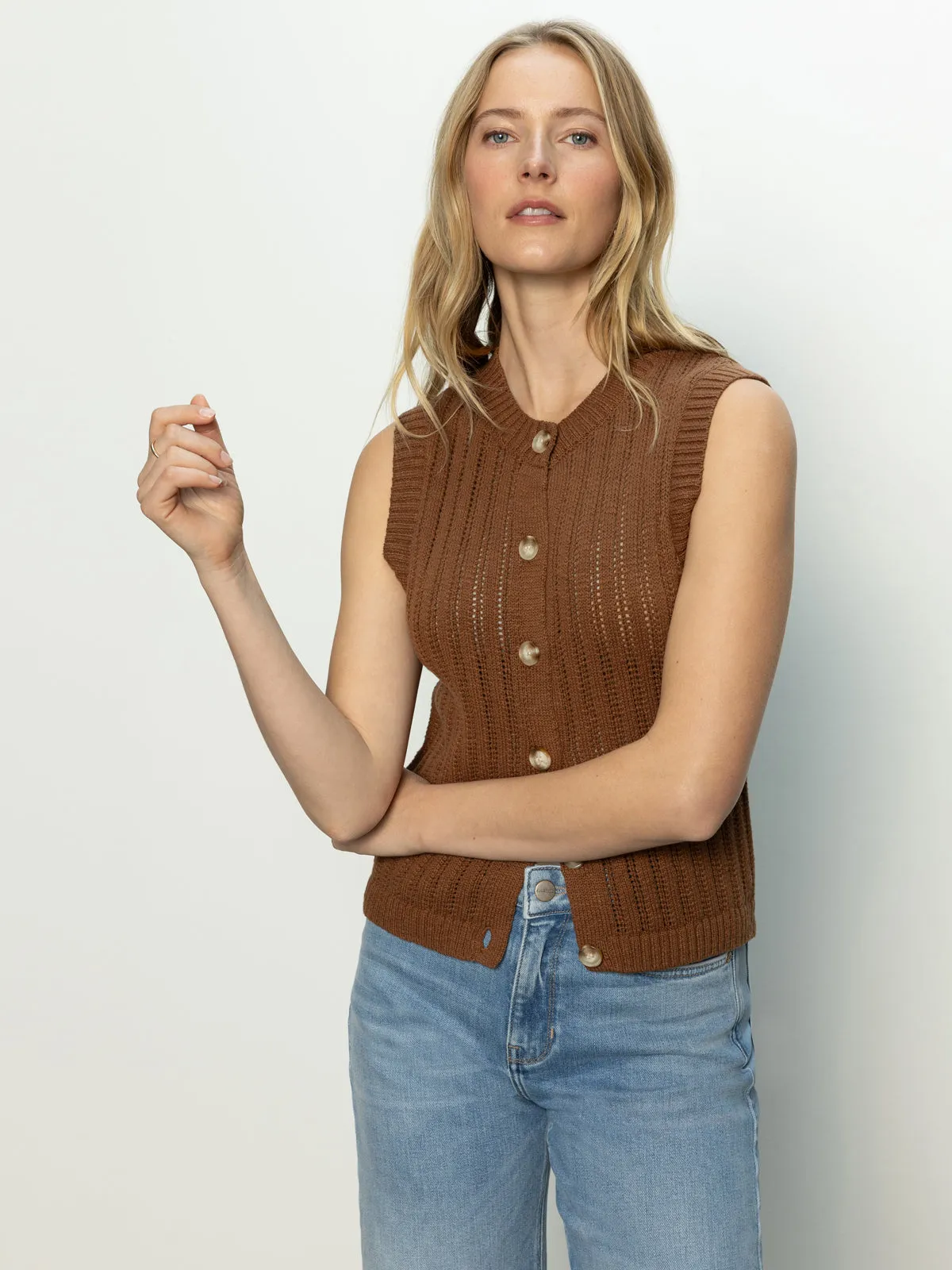 Double Stitched Seams Pointelle Shell Sweater Sepia