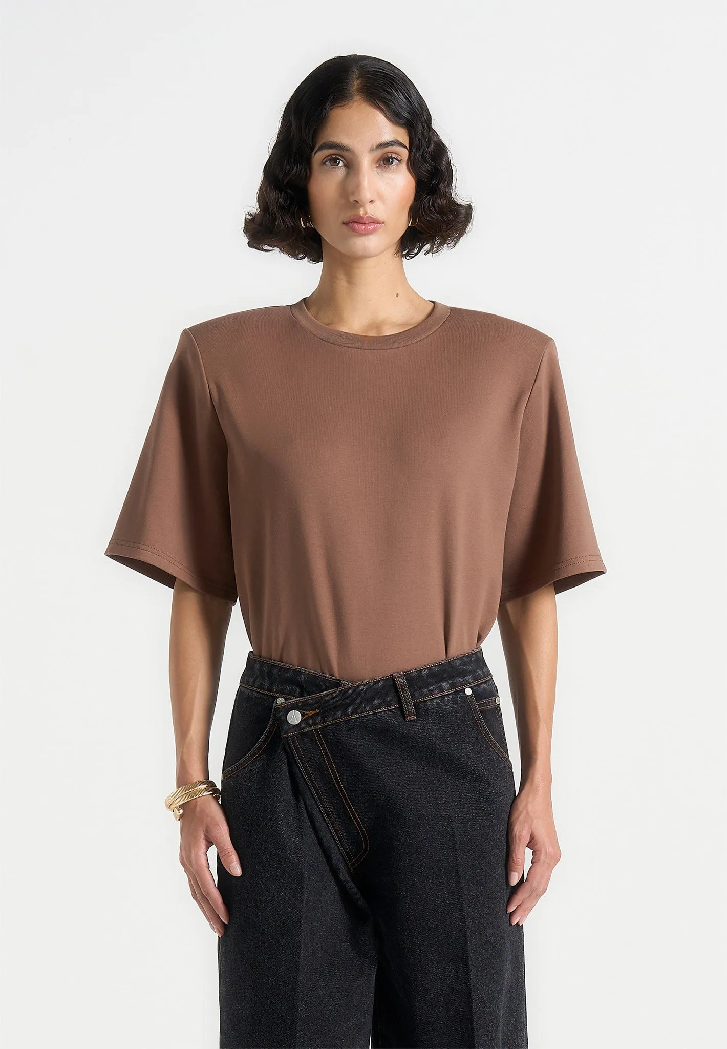 Chic and Cozy Wear Mia - Wide Shoulder Bodysuit T-Shirt - Brown