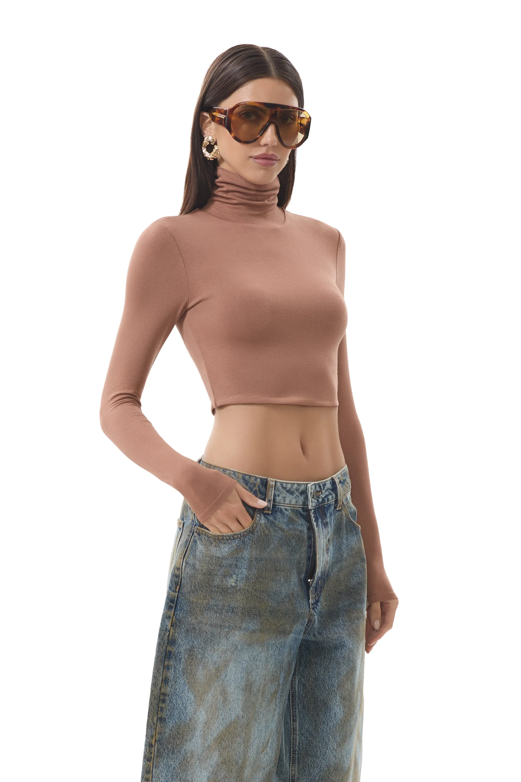 Multi Way Adjustable Fit Micaela Crop Turtleneck - Raw Umber