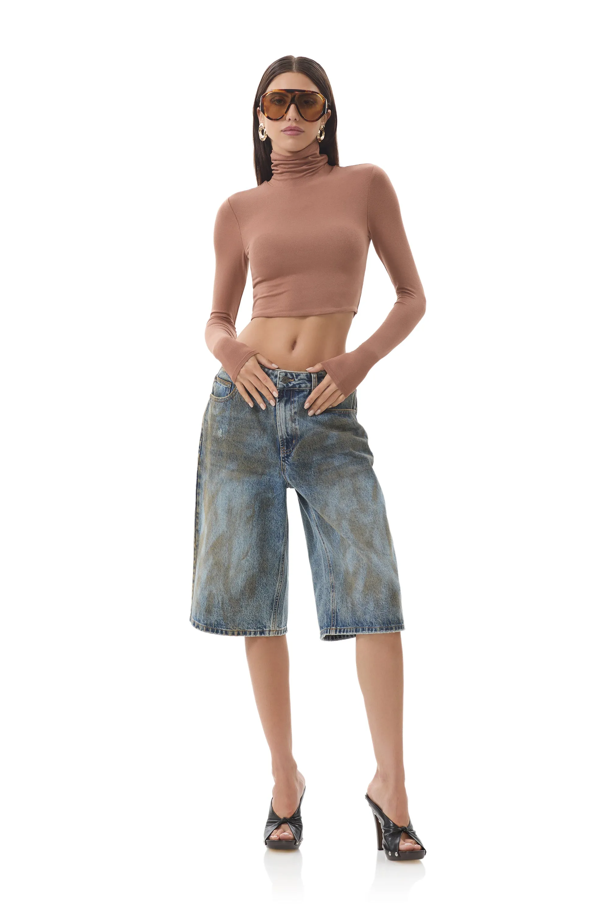 Micaela Crop Turtleneck - Raw Umber Grid Back Panel Sporty Top