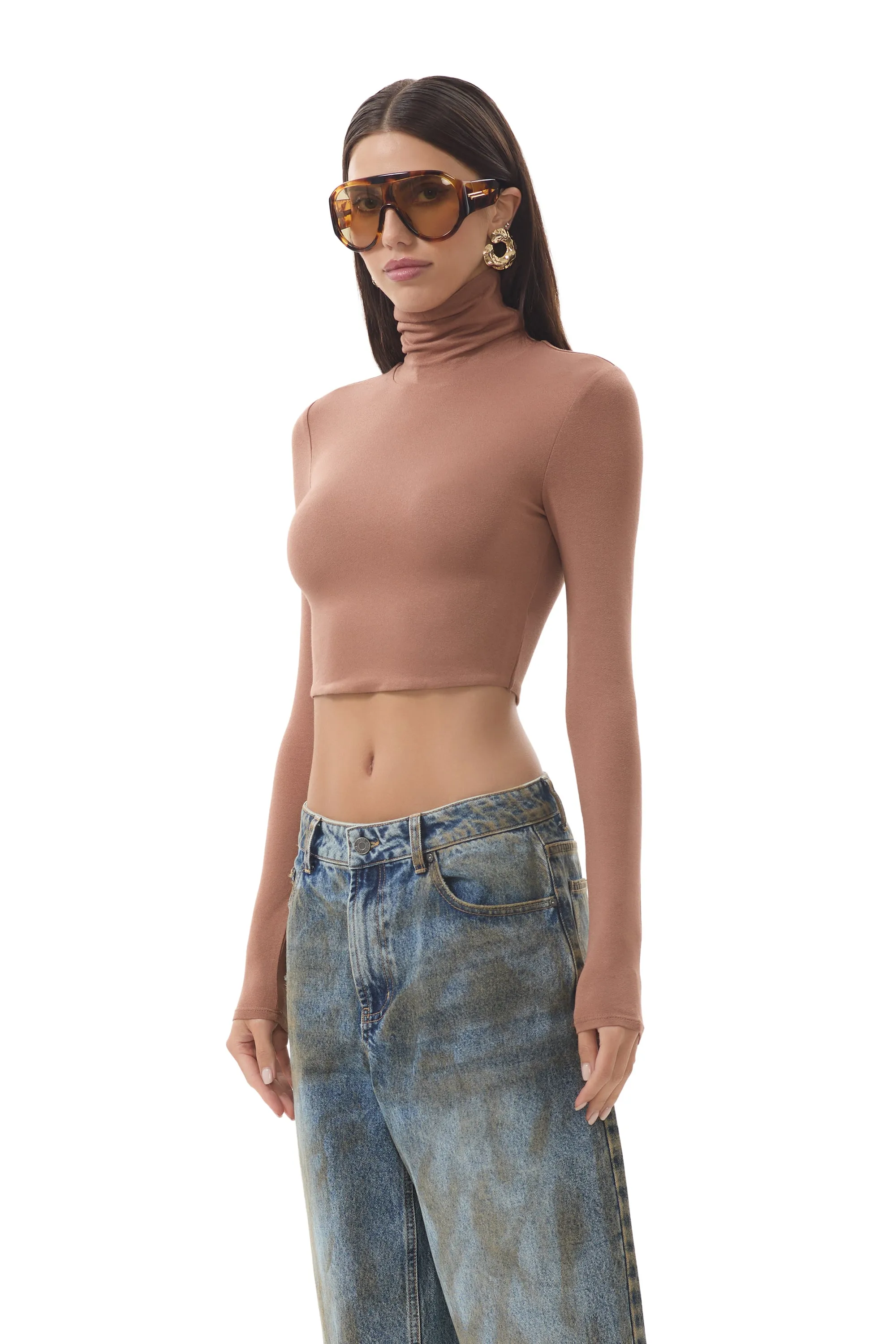 Micaela Crop Turtleneck - Raw Umber Moisture Control Lining Sheer Overlay Material