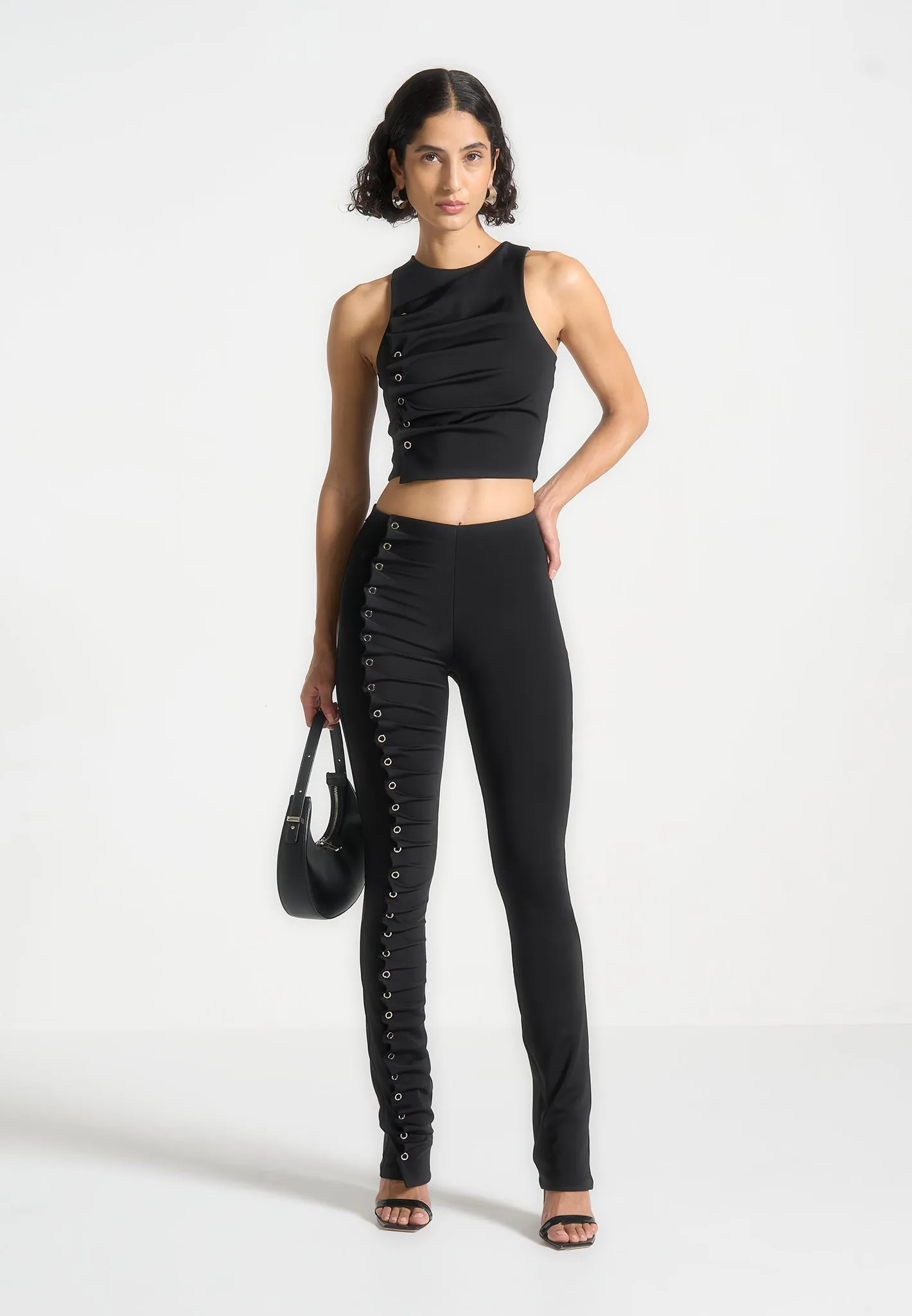polo neck Eyelet Detail Tacked Racer Top  - Black