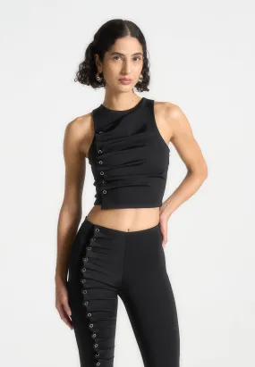 Eyelet Detail Tacked Racer Top  - Black Street Outfit