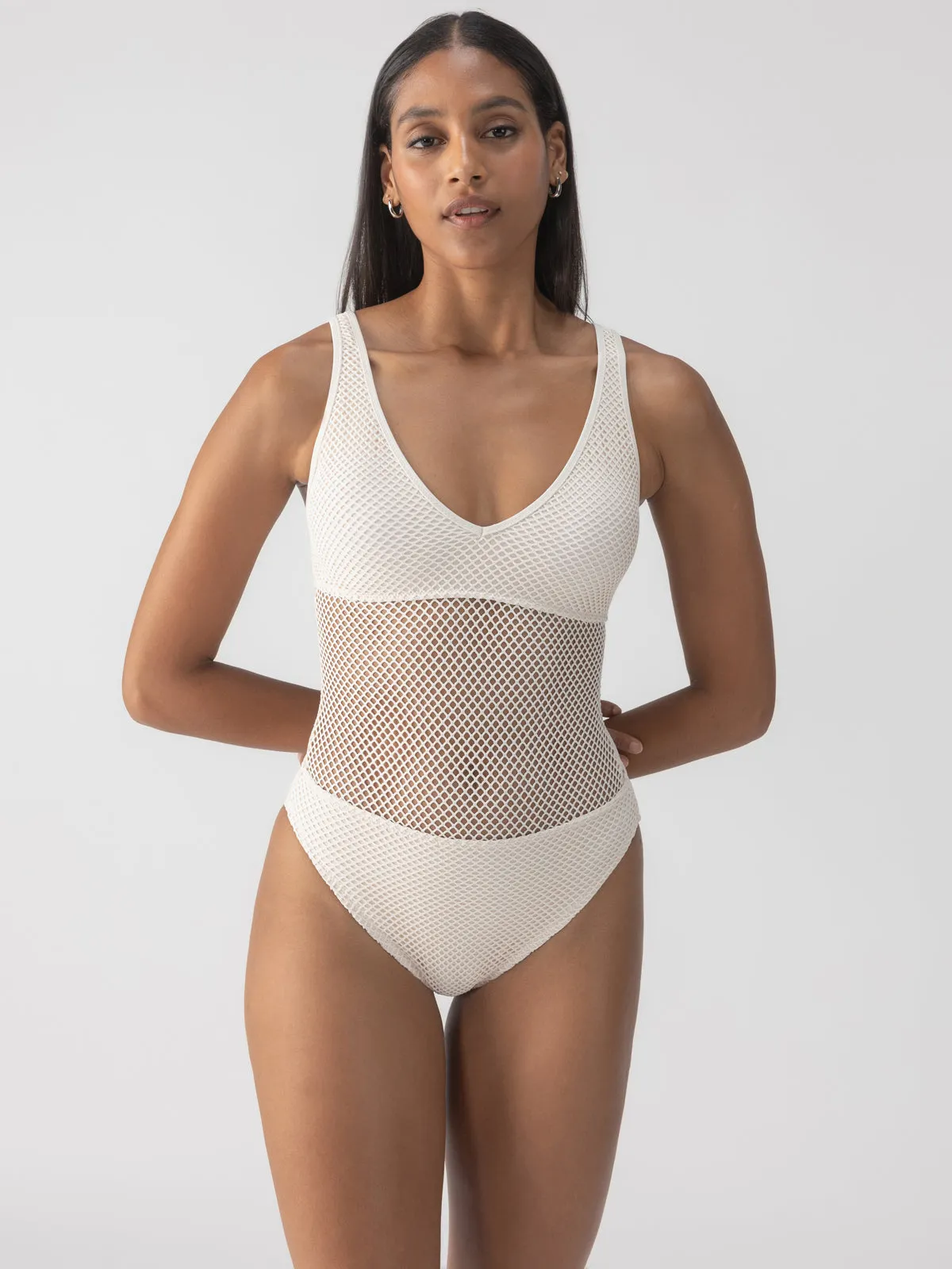 Sea Crochet High Leg Scoop Neck One-Piece White Sand Ventilated Panels