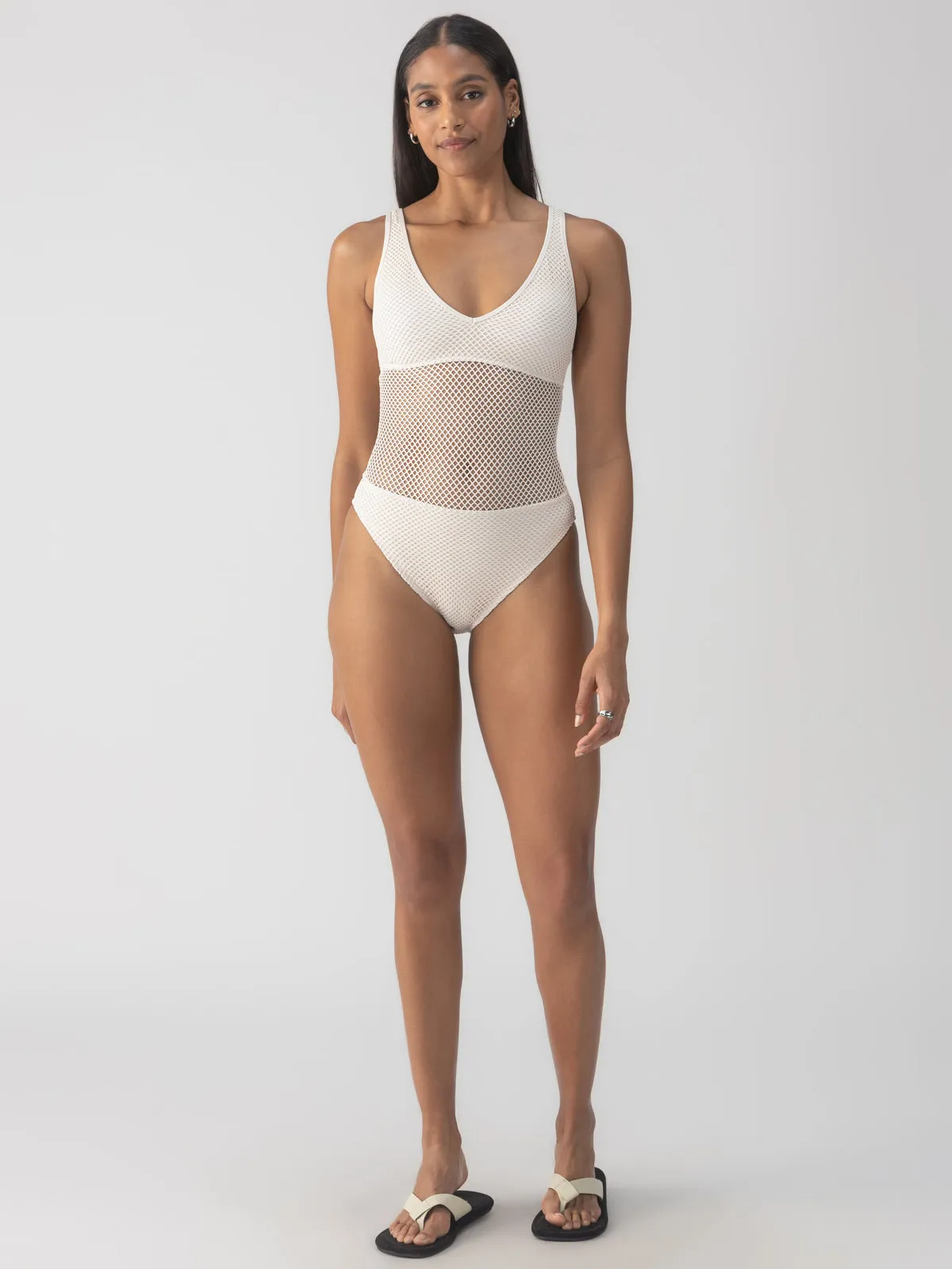Sea Crochet High Leg Scoop Neck One-Piece White Sand Durable Reinforced Hem All Over Print Technique