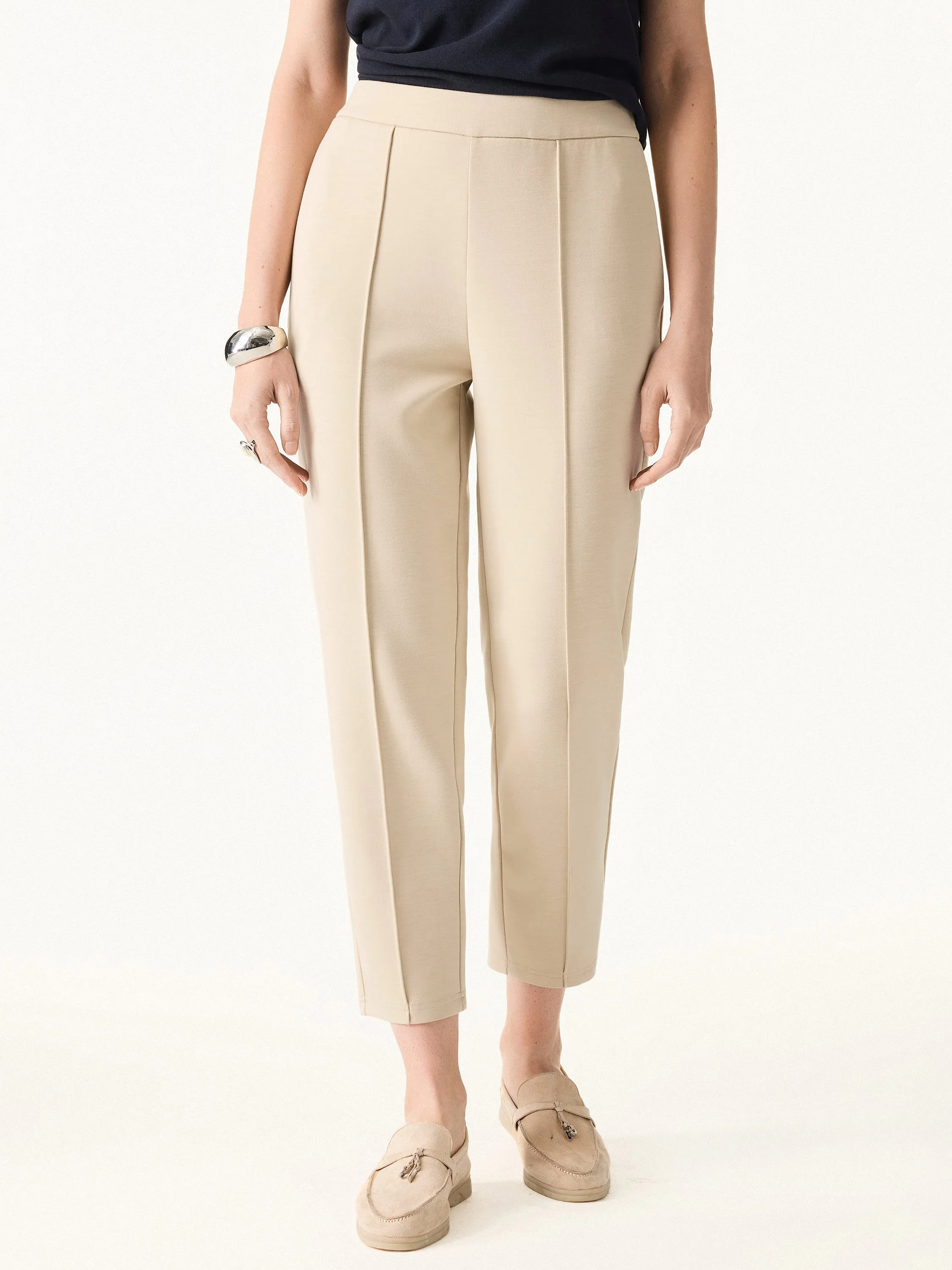 Neutral Style Mid Rise Cropped Tapered Leg Pull-on Pants with Pockets