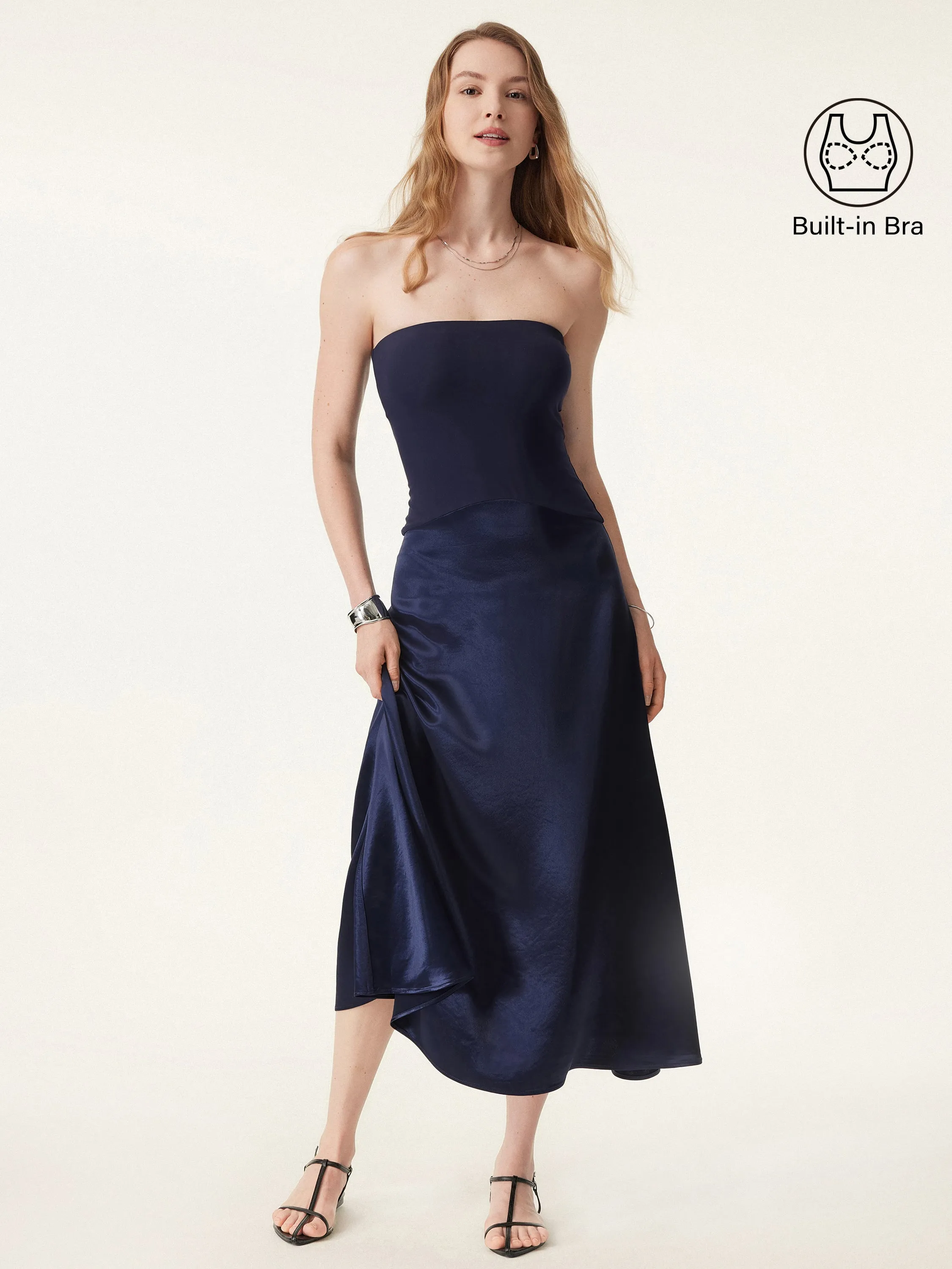 Midnight Acetate Non-slip Strapless Midi Brami Dress Garment Dyed Finish Microfiber texture